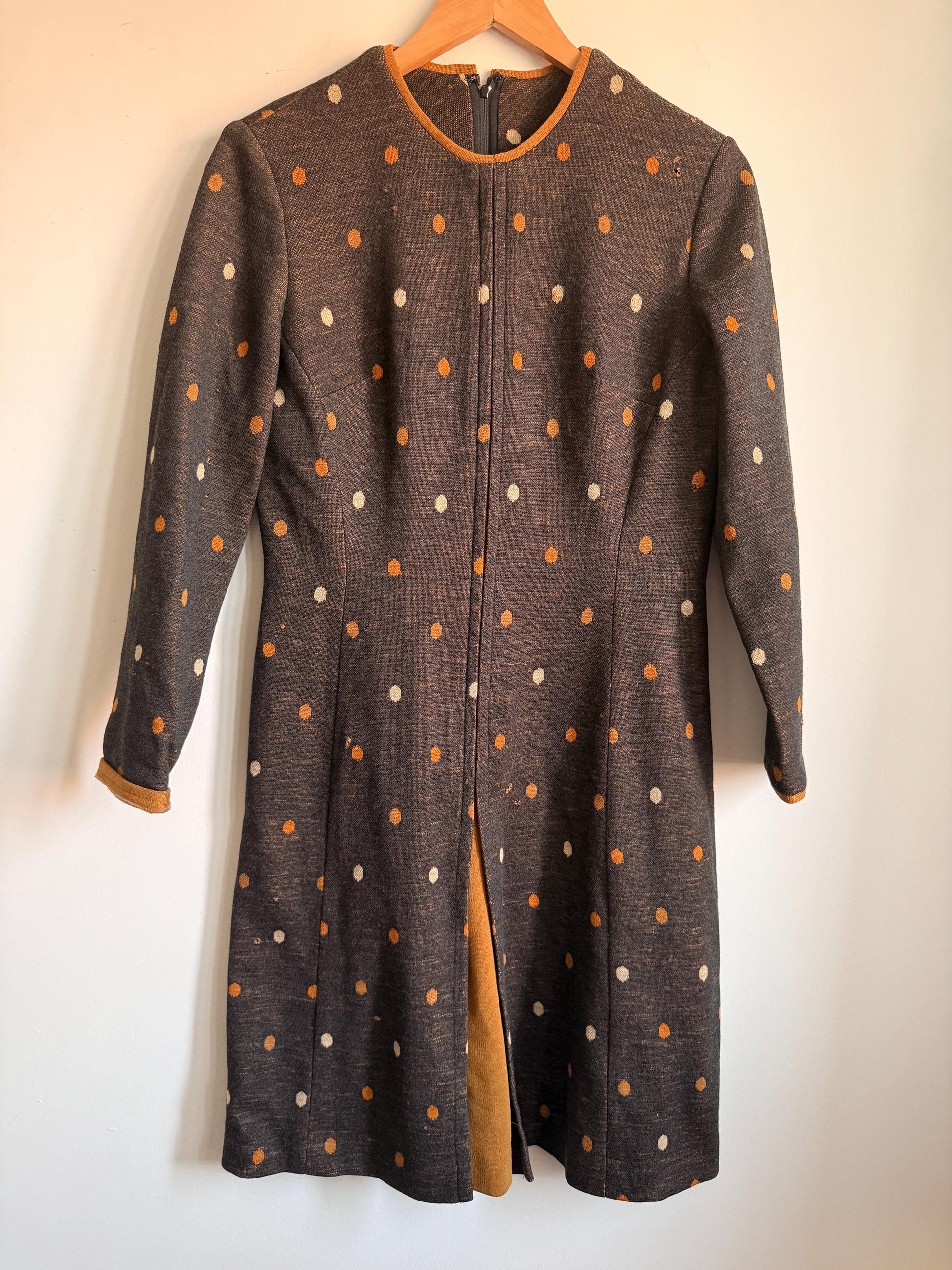 Vintage 1960s Carnegie of London Pure Wool Polka Dot Mod Dress UK 14