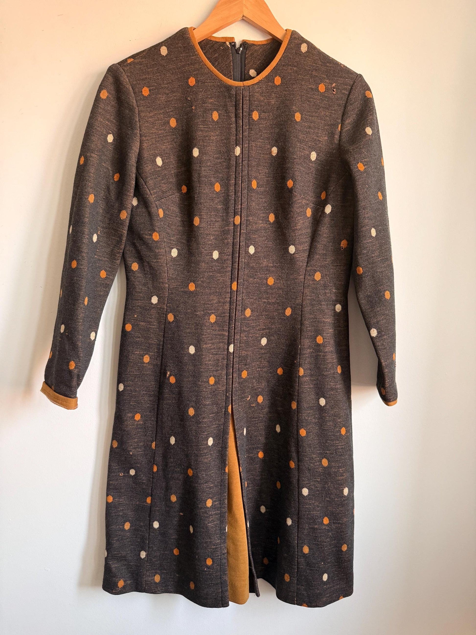 Vintage 1960s Carnegie of London Pure Wool Polka Dot Mod Dress UK 14