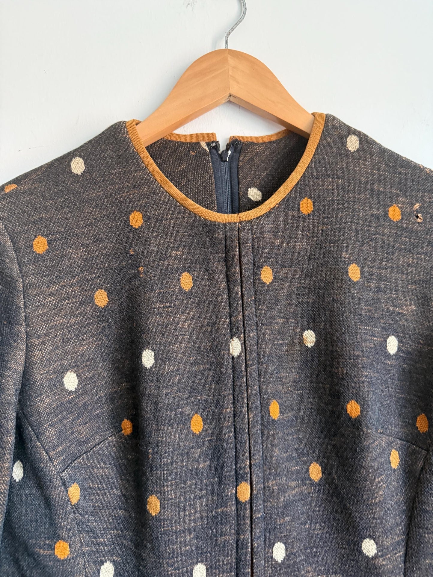 Vintage 1960s Carnegie of London Pure Wool Polka Dot Mod Dress UK 14