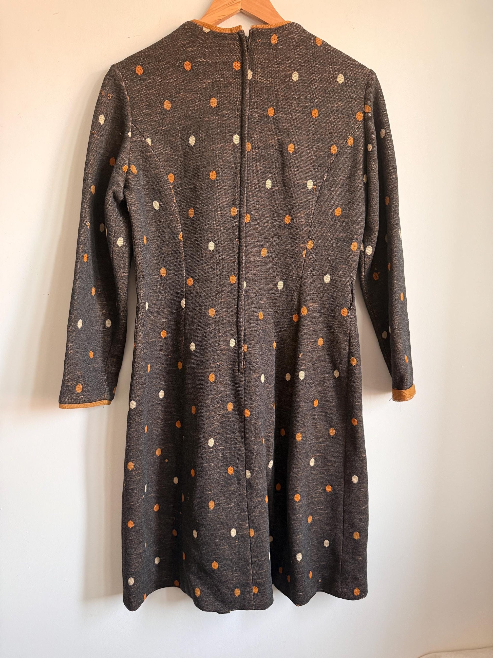 Vintage 1960s Carnegie of London Pure Wool Polka Dot Mod Dress UK 14