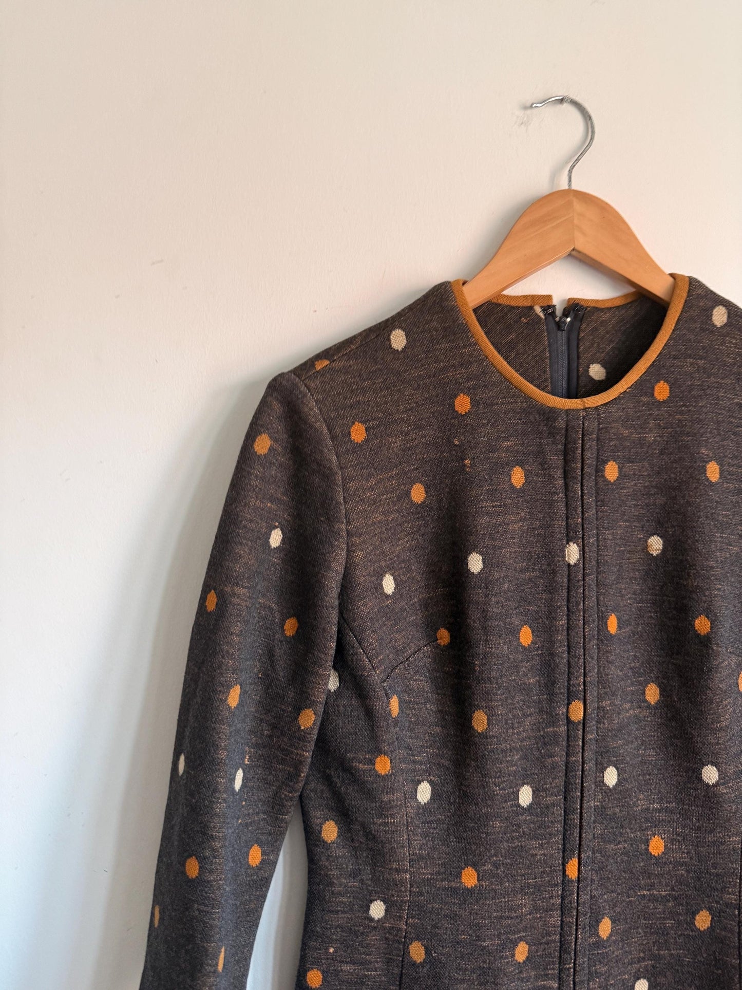 Vintage 1960s Carnegie of London Pure Wool Polka Dot Mod Dress UK 14