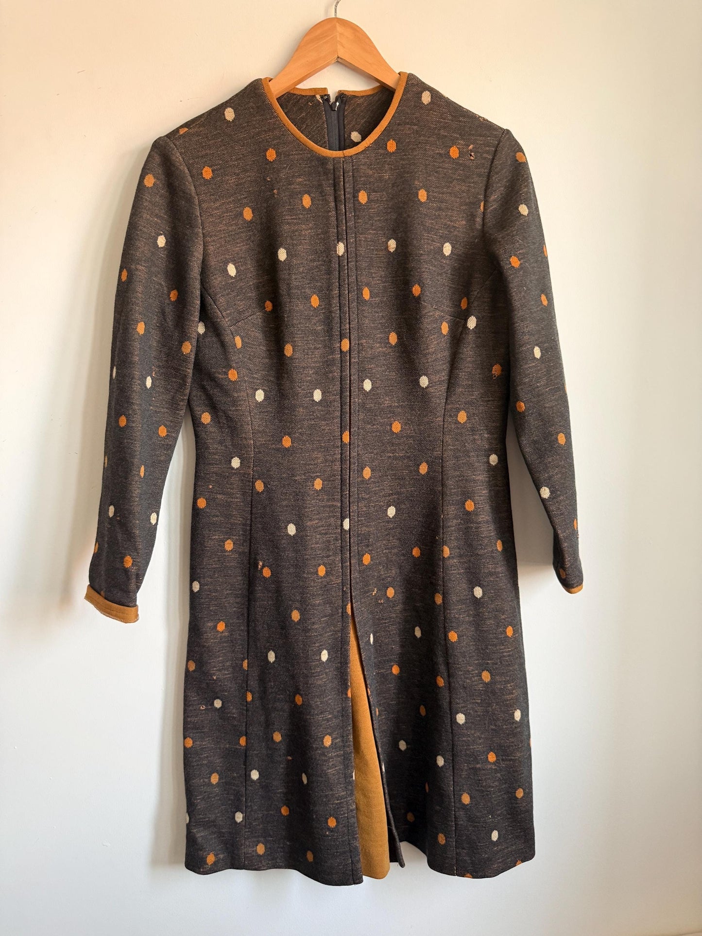 Vintage 1960s Carnegie of London Pure Wool Polka Dot Mod Dress UK 14