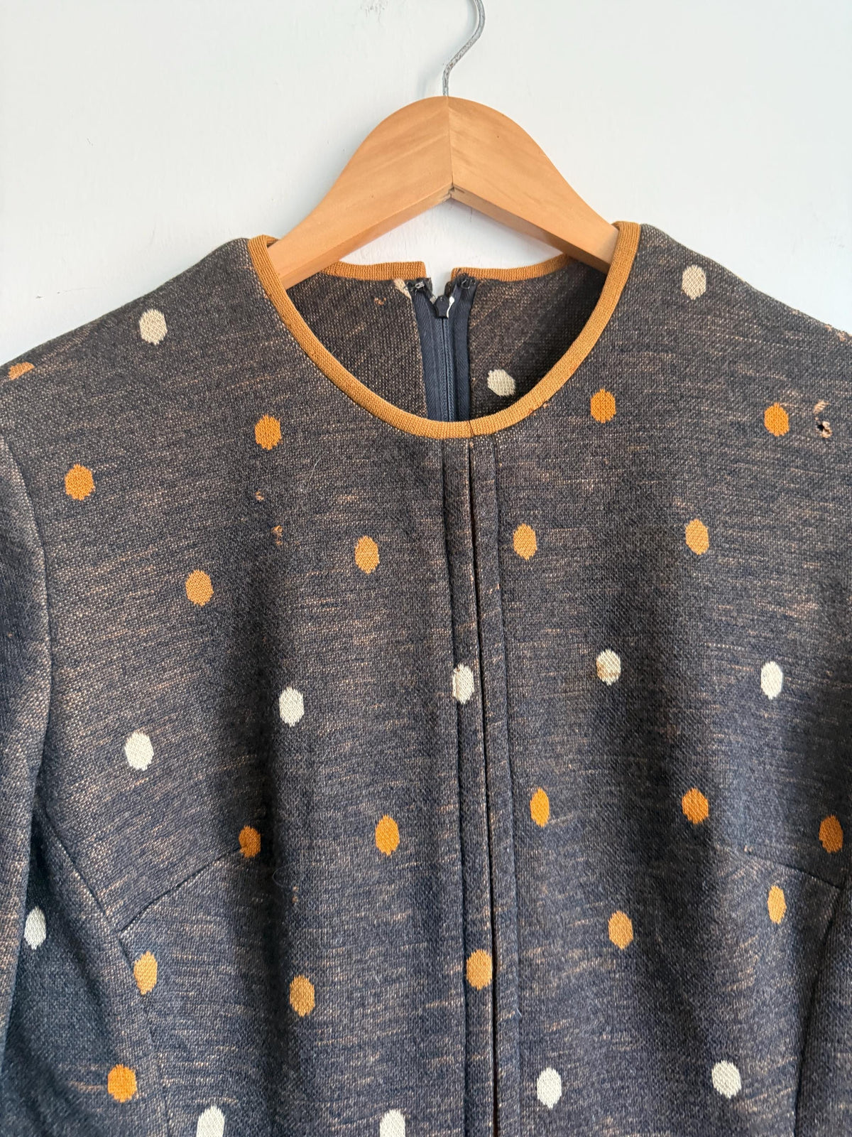Vintage 1960s Carnegie of London Pure Wool Polka Dot Mod Dress UK 14