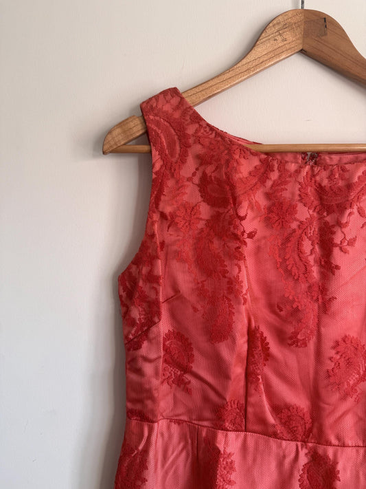 Vintage 1960s Coral Pink Lace Cocktail Dress | Sleeveless Shift Dress | Satin & Lace Wiggle Dress | Wedding Guest Occasion Dress | UK 14