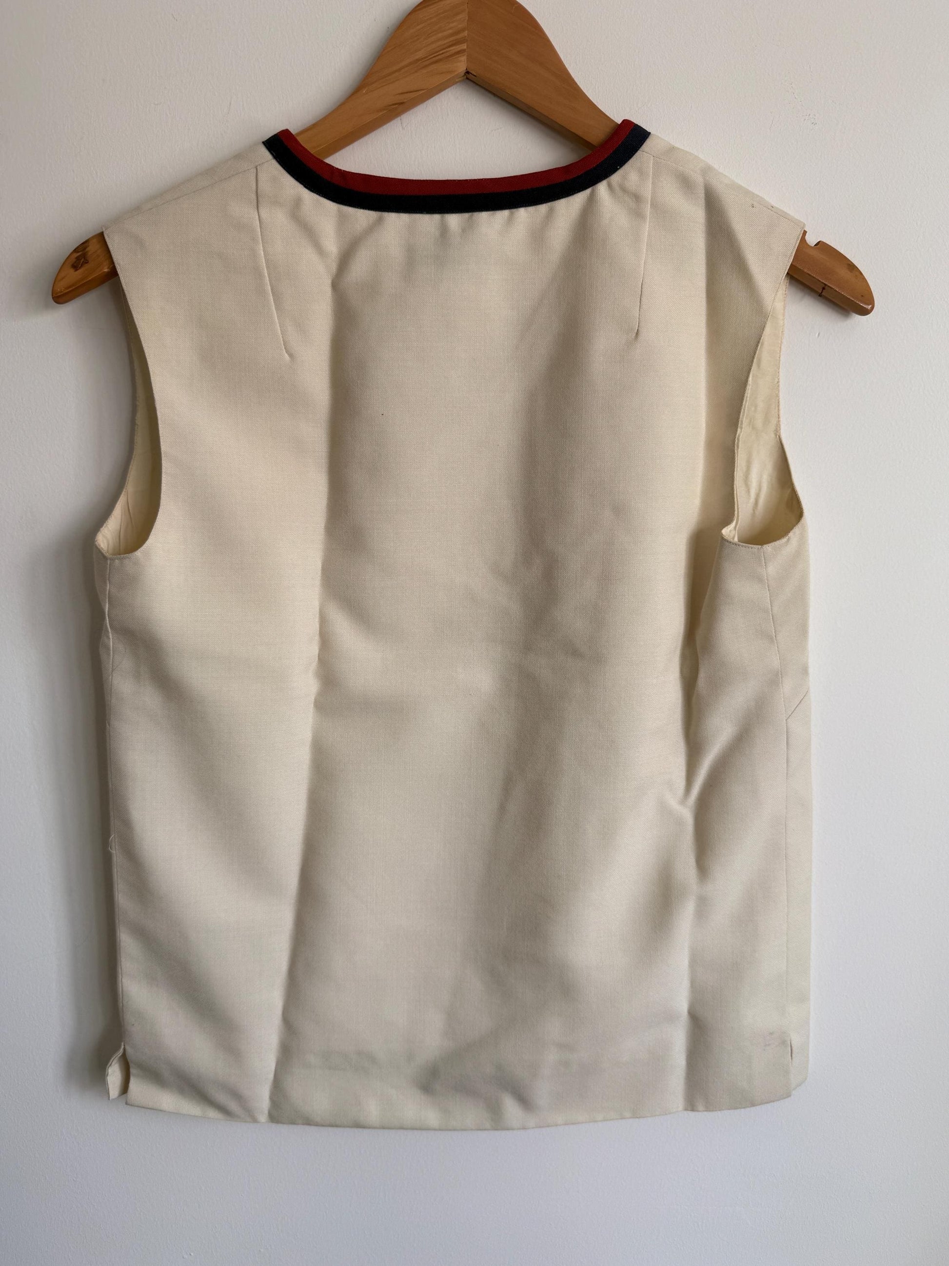 Vintage 1960s Cream Mod Sleeveless Top | Waldman Skirt de Luxe Terylene & Wool Tunic | Nautical V-Neck | Retro 70s Tank