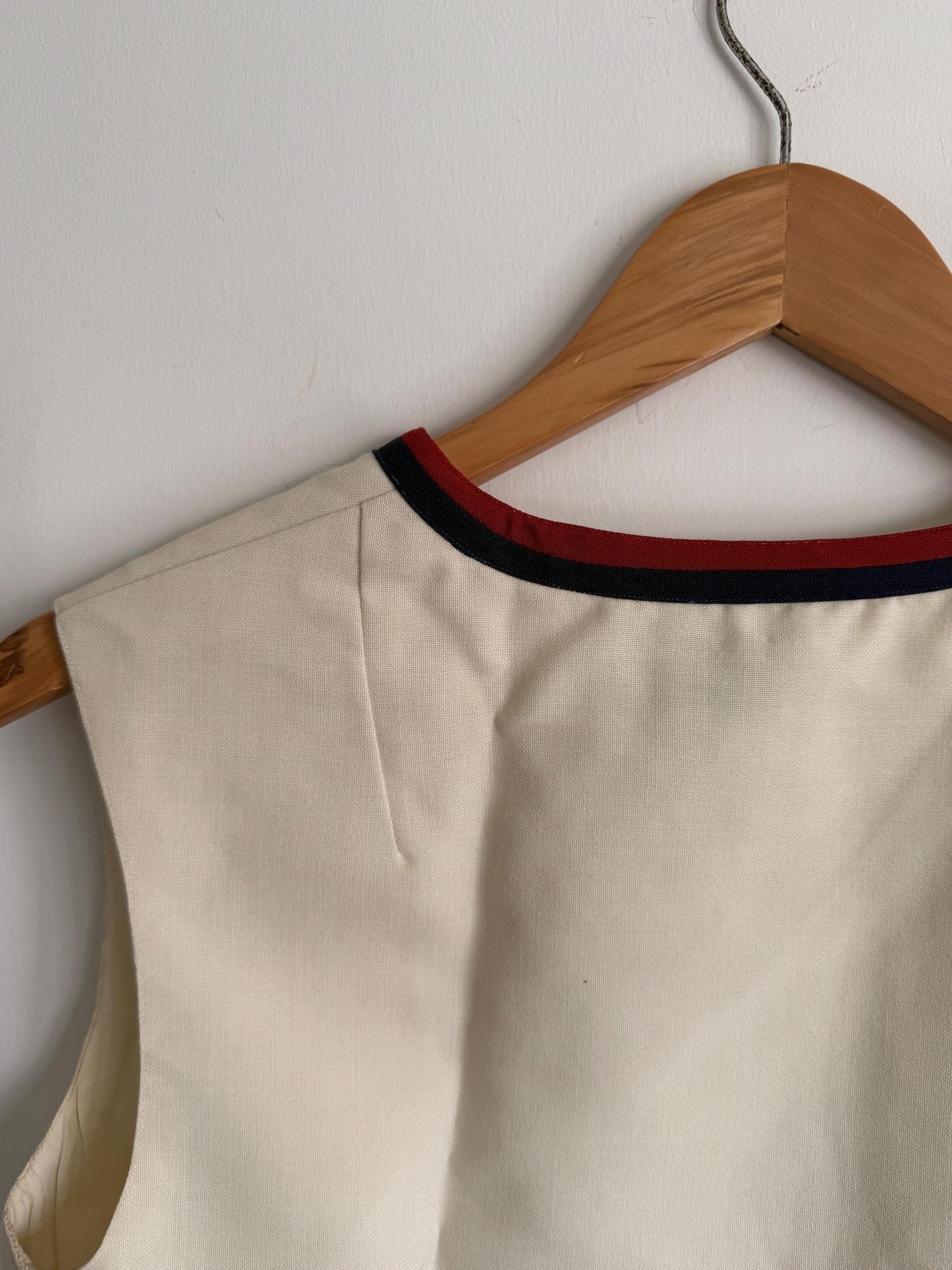 Vintage 1960s Cream Mod Sleeveless Top | Waldman Skirt de Luxe Terylene & Wool Tunic | Nautical V-Neck | Retro 70s Tank