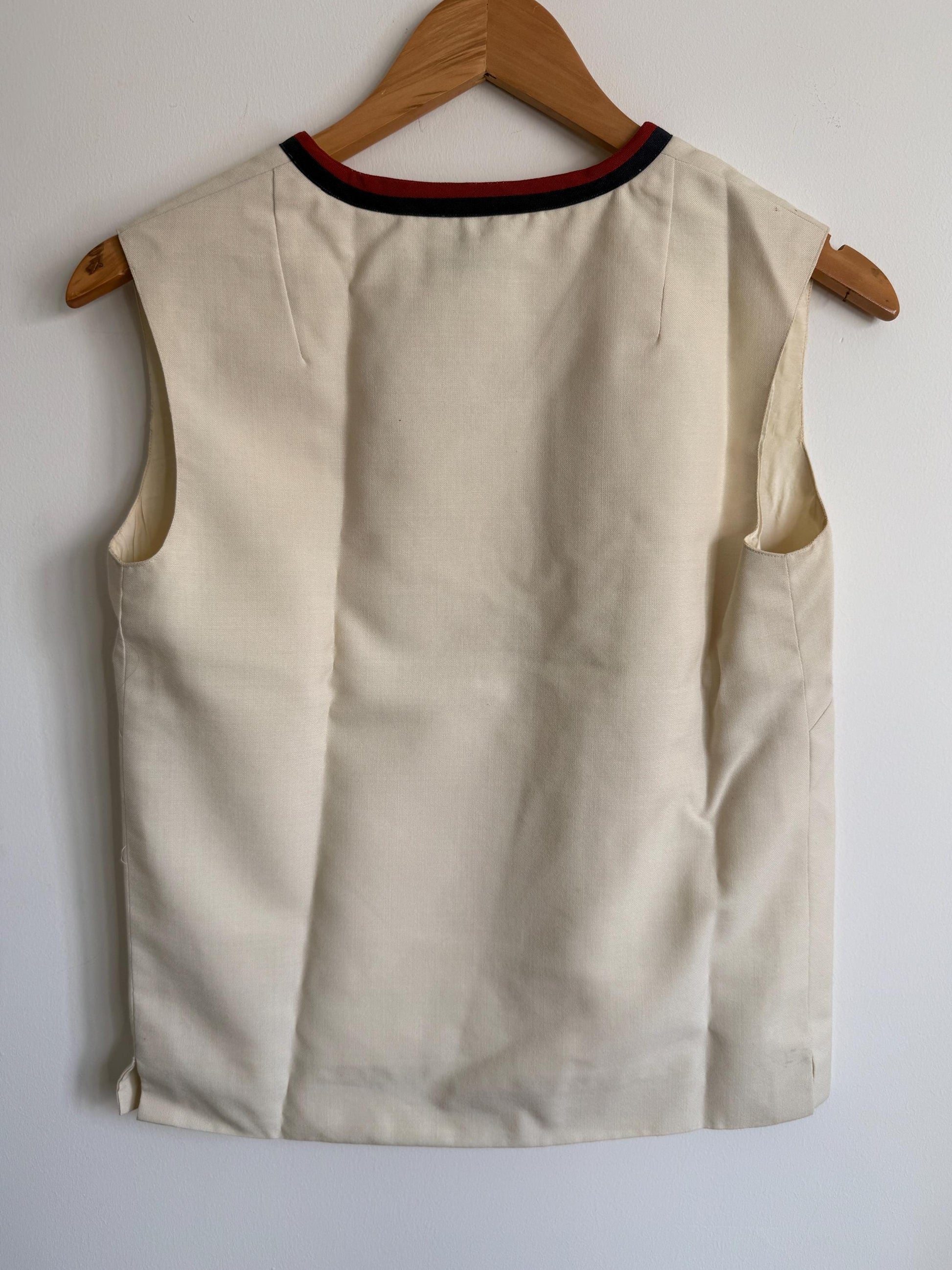 Vintage 1960s Cream Mod Sleeveless Top | Waldman Skirt de Luxe Terylene & Wool Tunic | Nautical V-Neck | Retro 70s Tank
