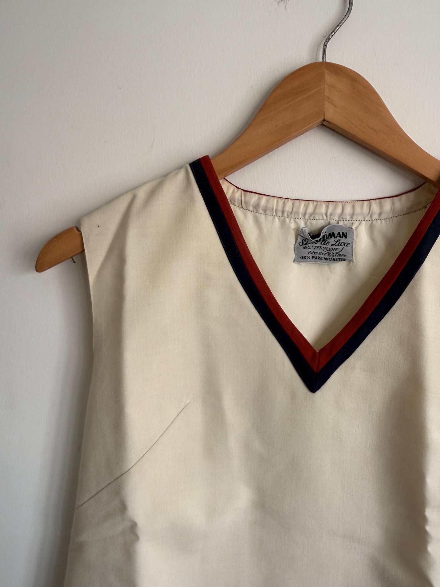 Vintage 1960s Cream Mod Sleeveless Top | Waldman Skirt de Luxe Terylene & Wool Tunic | Nautical V-Neck | Retro 70s Tank