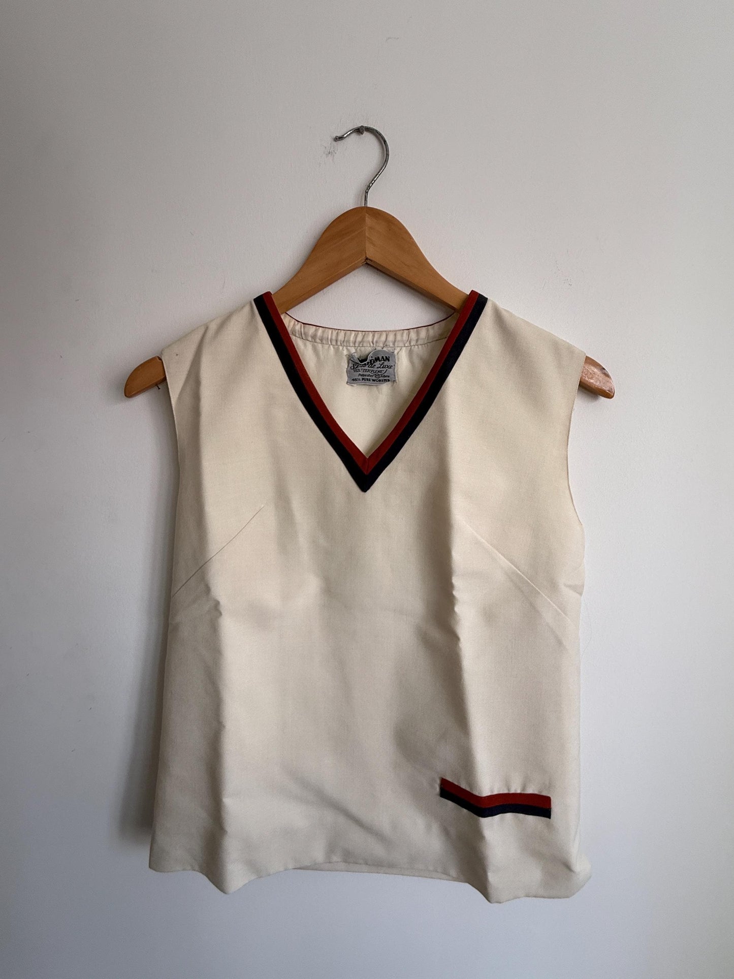 Vintage 1960s Cream Mod Sleeveless Top | Waldman Skirt de Luxe Terylene & Wool Tunic | Nautical V-Neck | Retro 70s Tank