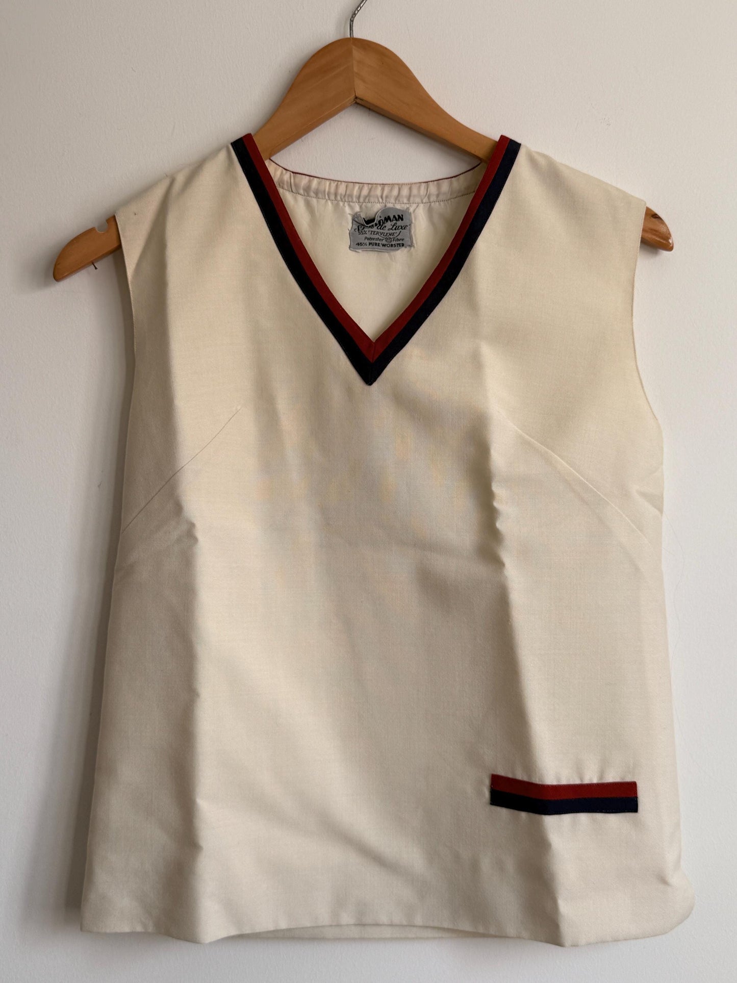 Vintage 1960s Cream Mod Sleeveless Top | Waldman Skirt de Luxe Terylene & Wool Tunic | Nautical V-Neck | Retro 70s Tank