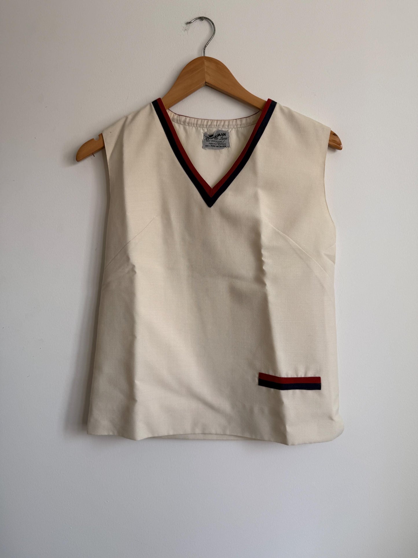 Vintage 1960s Cream Mod Sleeveless Top | Waldman Skirt de Luxe Terylene & Wool Tunic | Nautical V-Neck | Retro 70s Tank