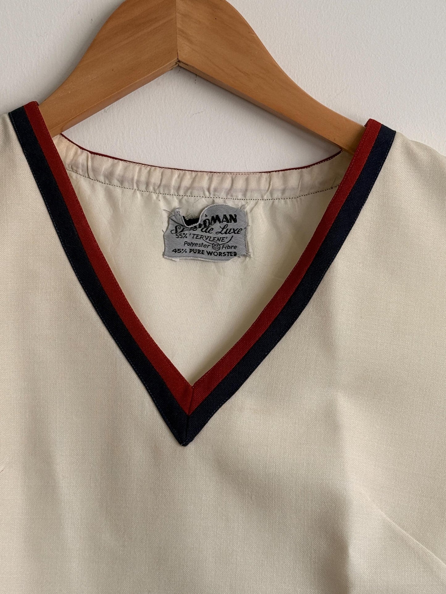 Vintage 1960s Cream Mod Sleeveless Top | Waldman Skirt de Luxe Terylene & Wool Tunic | Nautical V-Neck | Retro 70s Tank