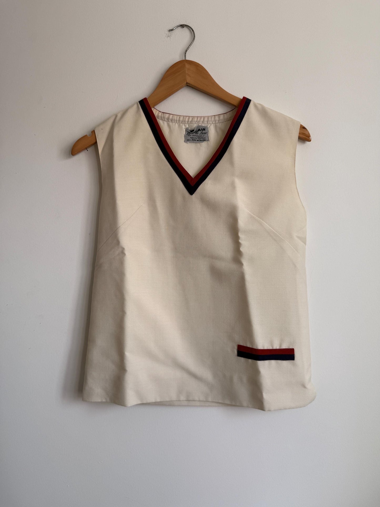 Vintage 1960s Cream Mod Sleeveless Top | Waldman Skirt de Luxe Terylene & Wool Tunic | Nautical V-Neck | Retro 70s Tank