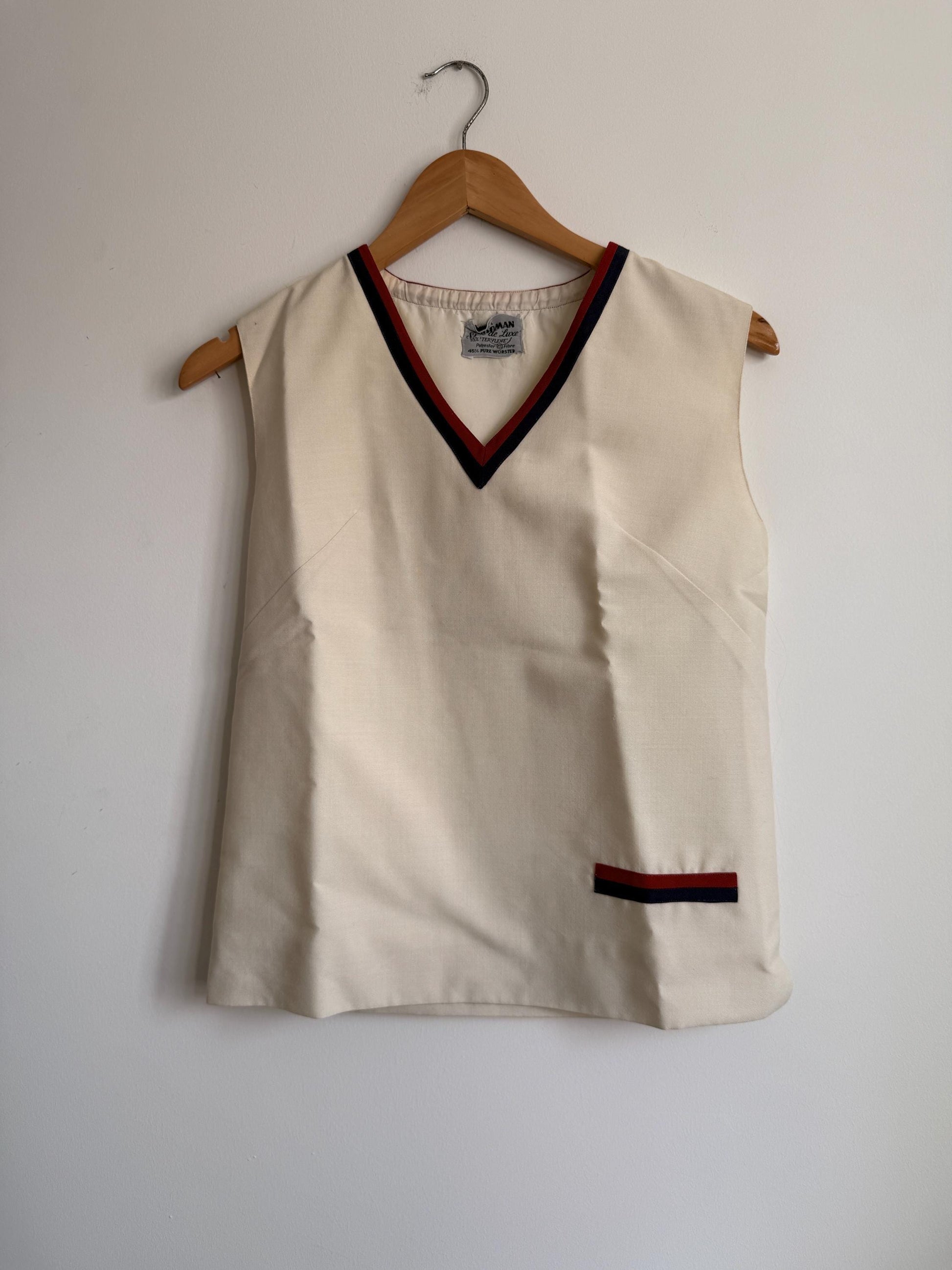 Vintage 1960s Cream Mod Sleeveless Top | Waldman Skirt de Luxe Terylene & Wool Tunic | Nautical V-Neck | Retro 70s Tank