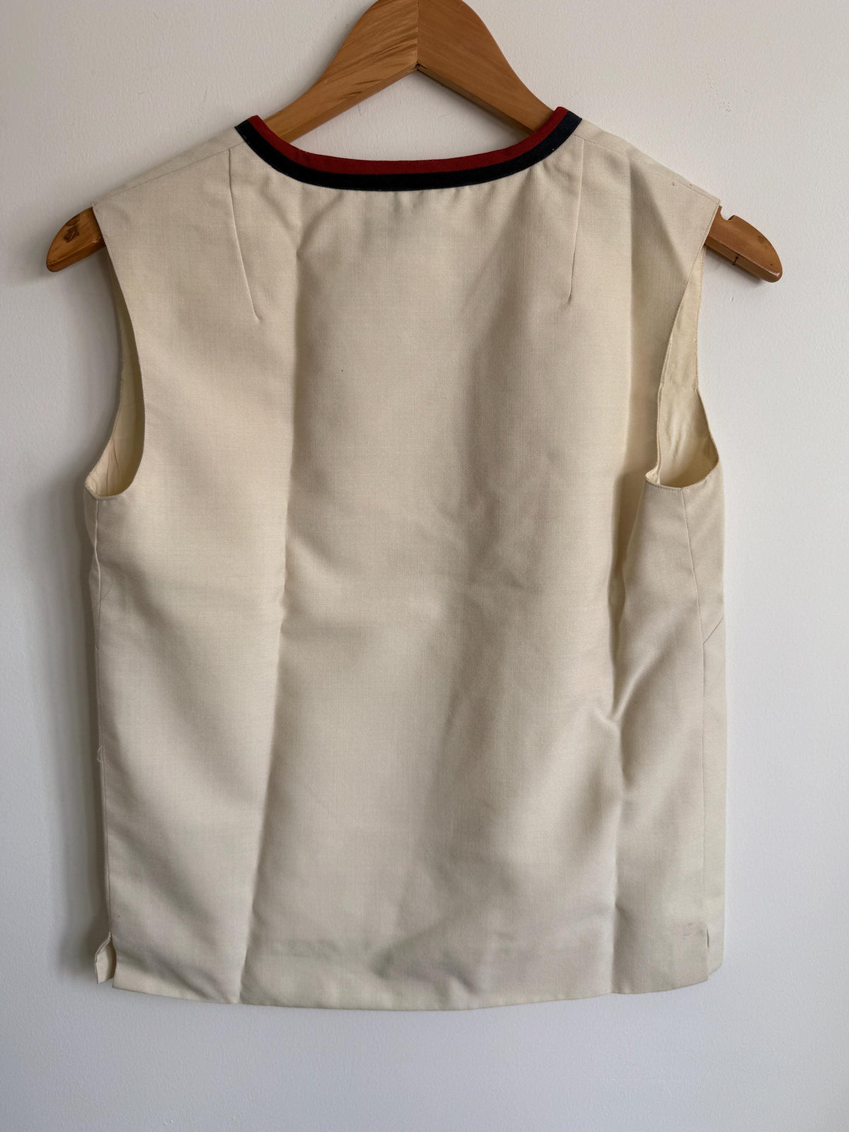Vintage 1960s Cream Mod Sleeveless Top | Waldman Skirt de Luxe Terylene & Wool Tunic | Nautical V-Neck | Retro 70s Tank