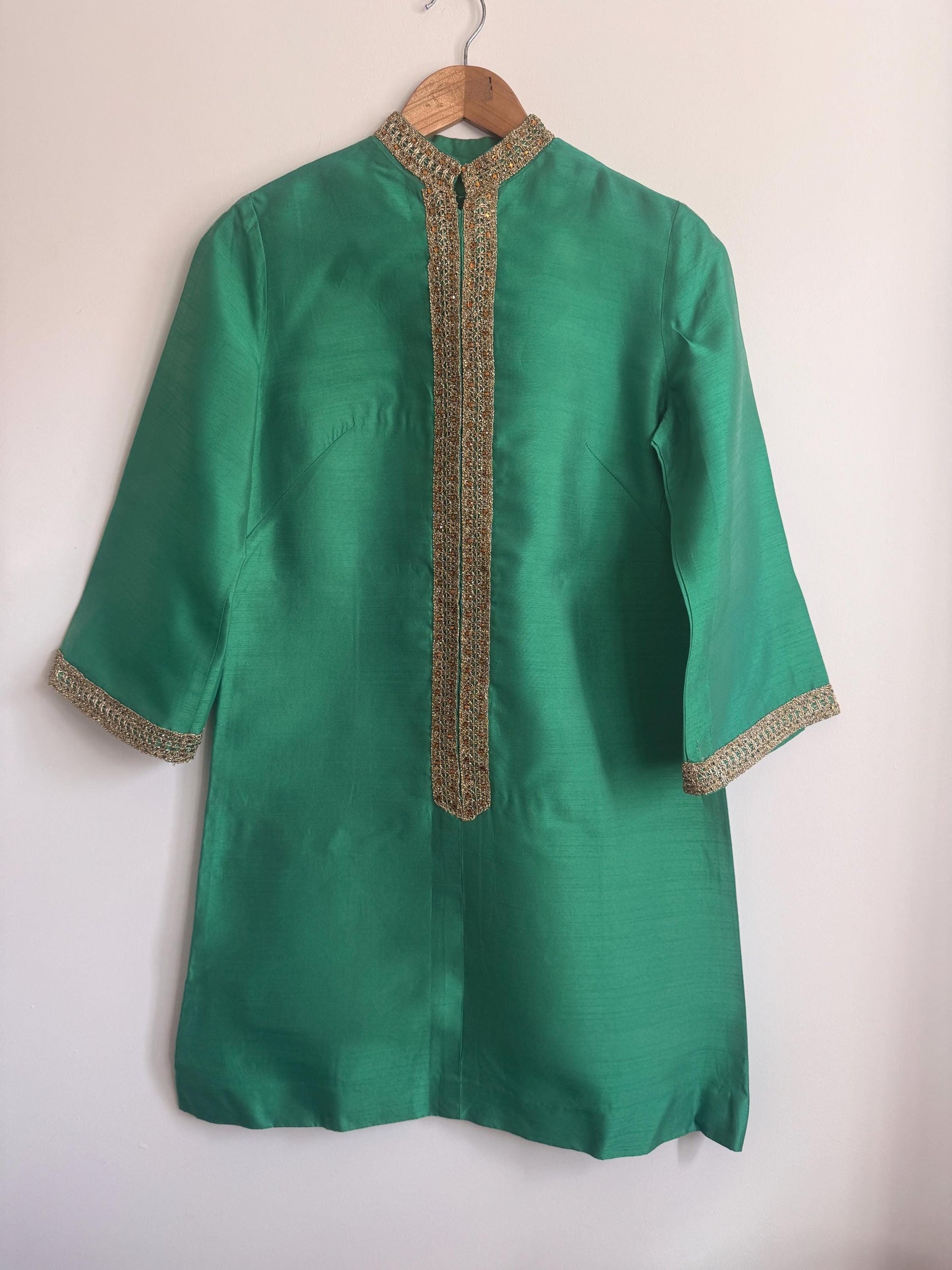 Vintage 1960s Emerald Green Beaded Silk-Look Shift Dress | Mod Cocktail Party UK 10-12