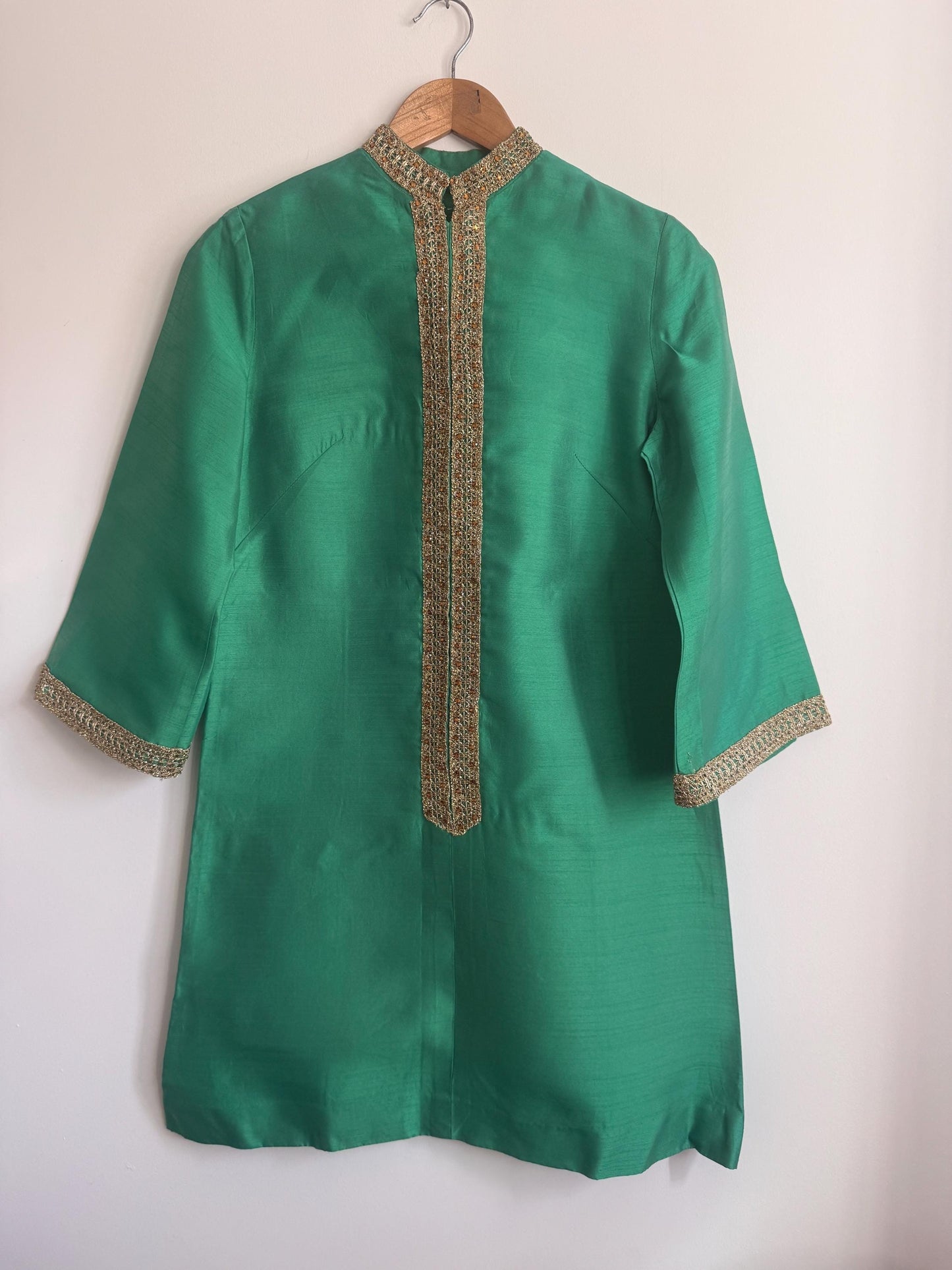 Vintage 1960s Emerald Green Beaded Silk-Look Shift Dress | Mod Cocktail Party UK 10-12