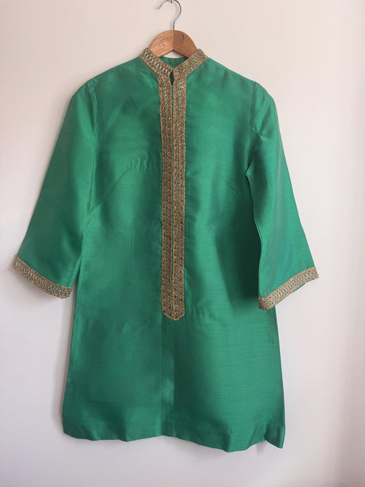 Vintage 1960s Emerald Green Beaded Silk-Look Shift Dress | Mod Cocktail Party UK 10-12
