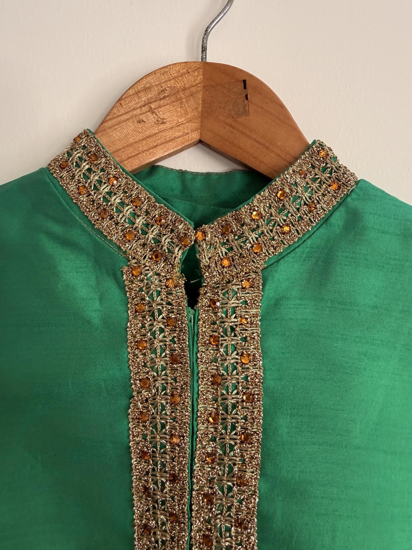 Vintage 1960s Emerald Green Beaded Silk-Look Shift Dress | Mod Cocktail Party UK 10-12