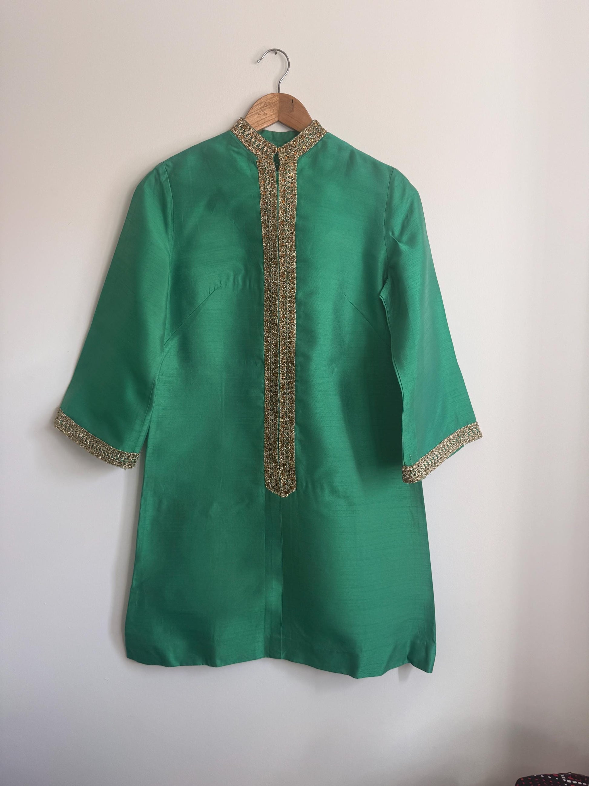 Vintage 1960s Emerald Green Beaded Silk-Look Shift Dress | Mod Cocktail Party UK 10-12