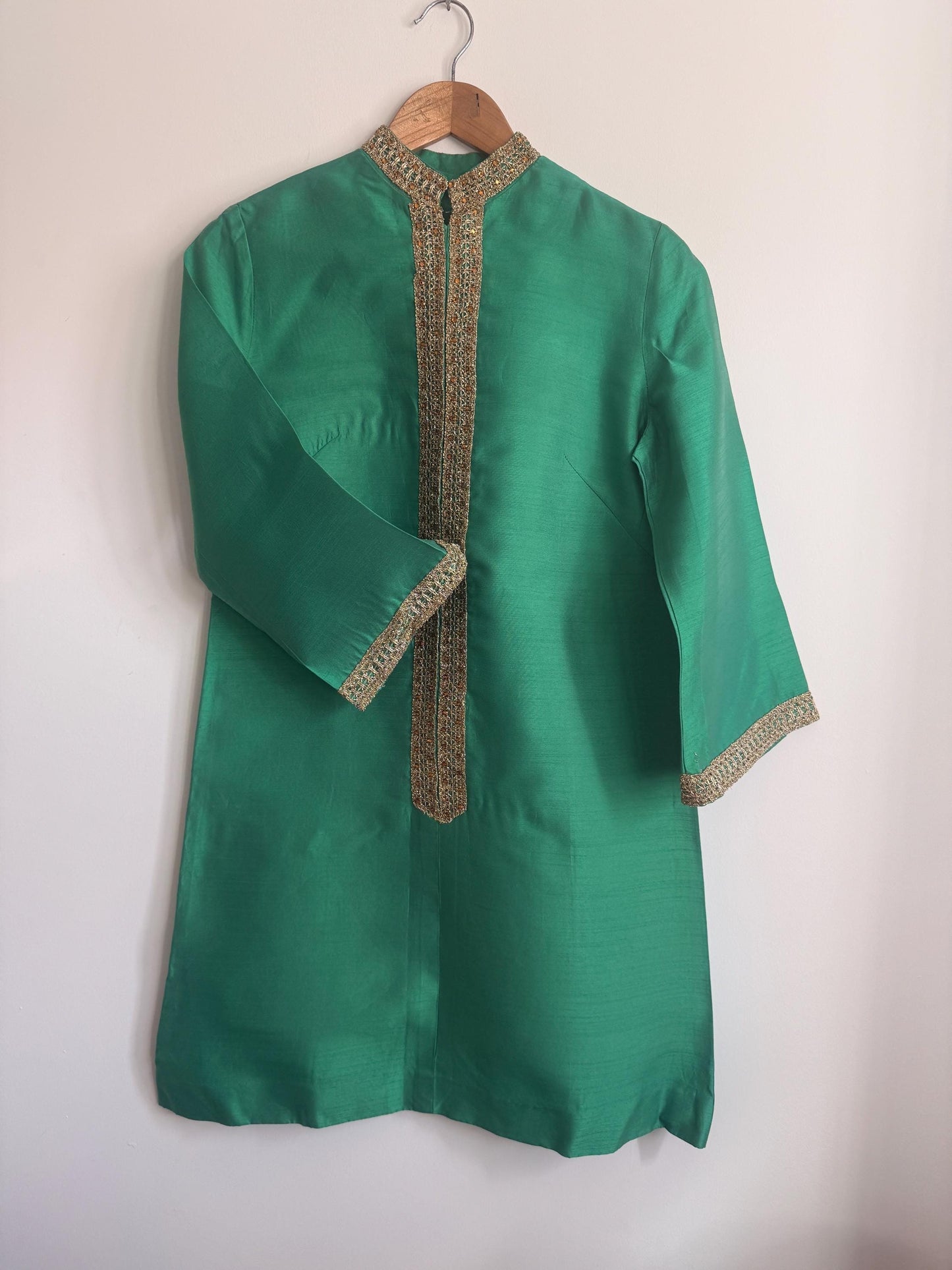 Vintage 1960s Emerald Green Beaded Silk-Look Shift Dress | Mod Cocktail Party UK 10-12