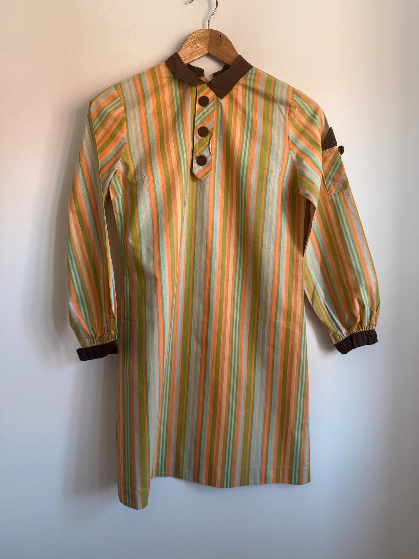 Vintage 1960s Mod Stripe Tunic Dress: Pastel Green, Peach, Blue, Peter Pan Collar
