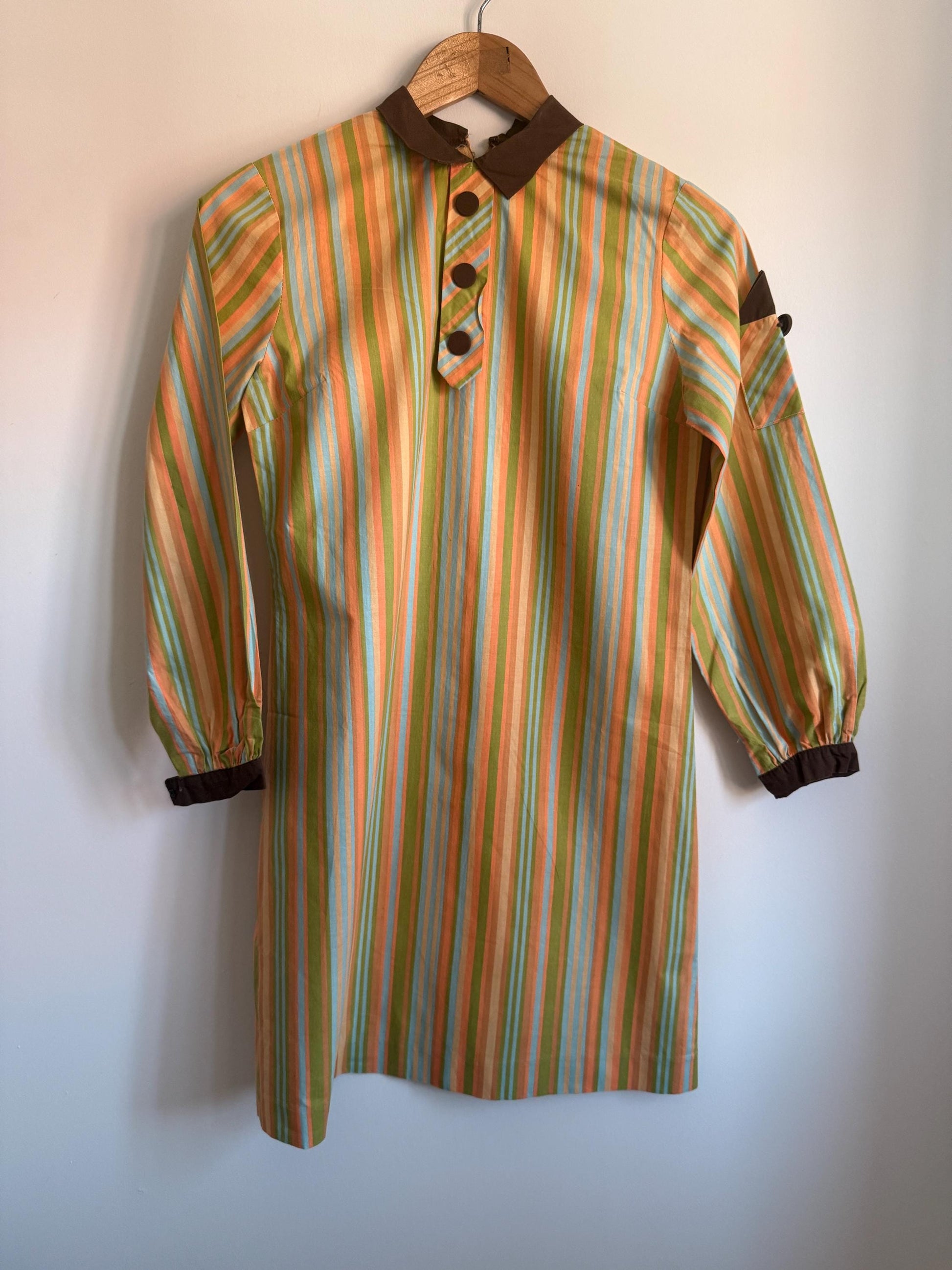 Vintage 1960s Mod Stripe Tunic Dress: Pastel Green, Peach, Blue, Peter Pan Collar