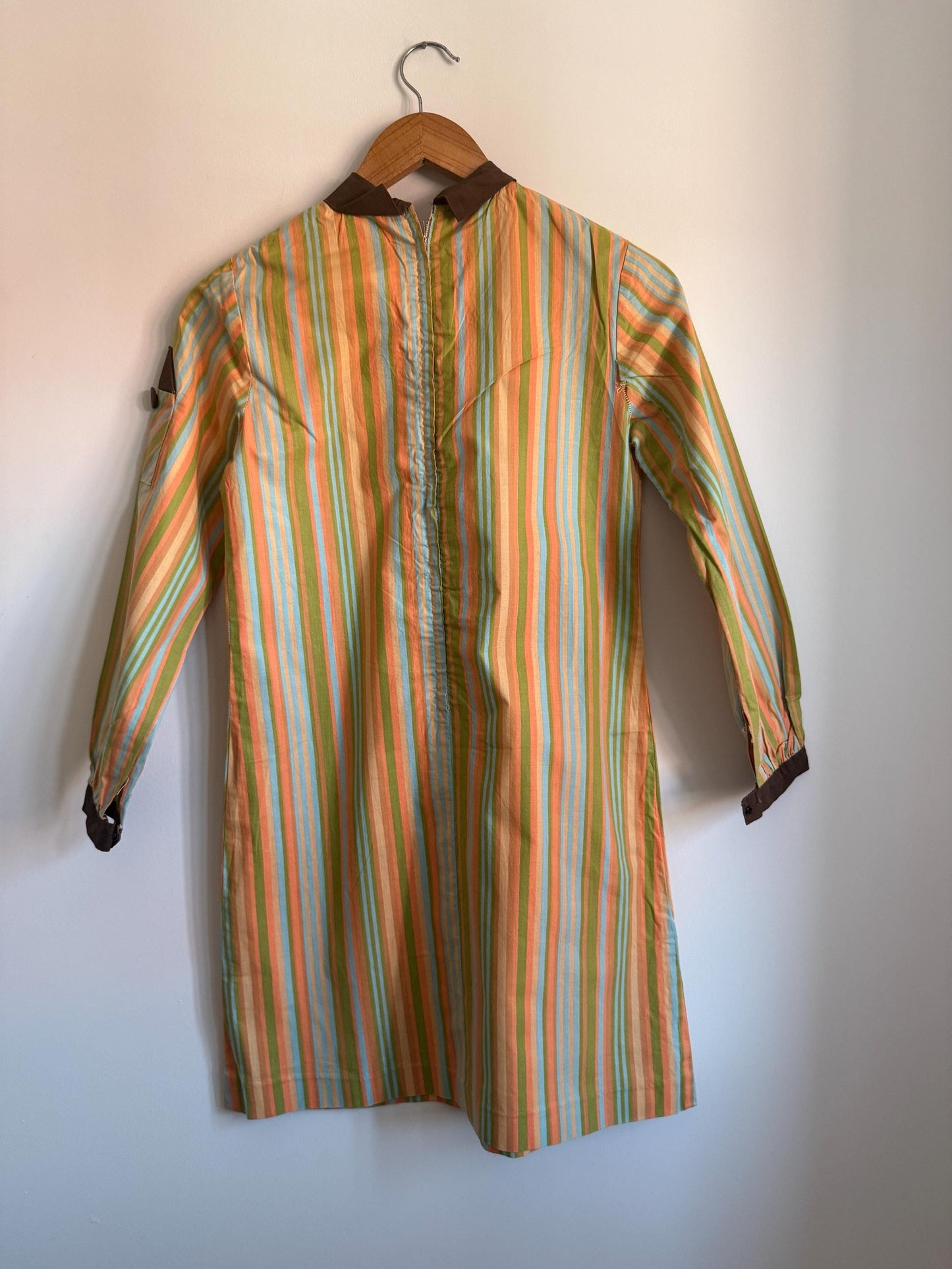 Vintage 1960s Mod Stripe Tunic Dress: Pastel Green, Peach, Blue, Peter Pan Collar