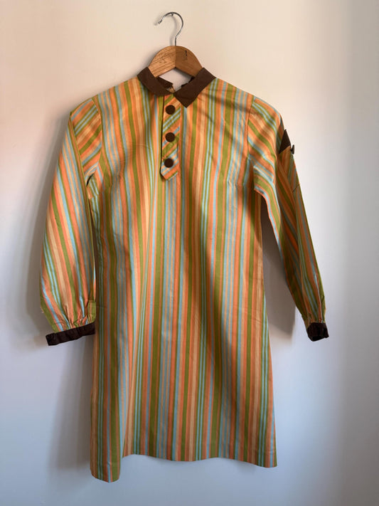 Vintage 1960s Mod Stripe Tunic Dress: Pastel Green, Peach, Blue, Peter Pan Collar