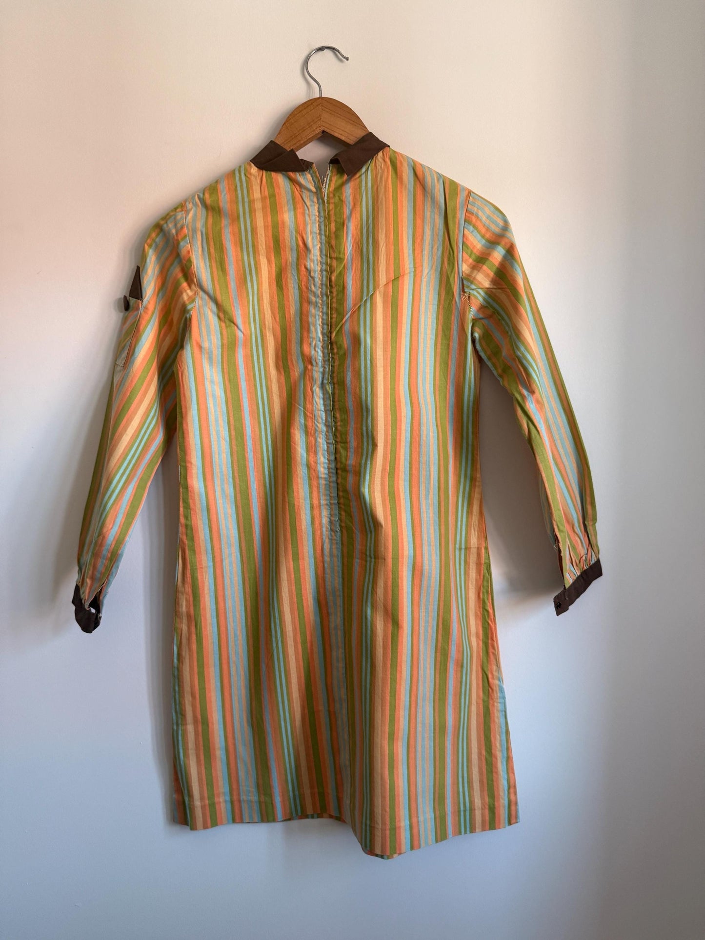 Vintage 1960s Mod Stripe Tunic Dress: Pastel Green, Peach, Blue, Peter Pan Collar