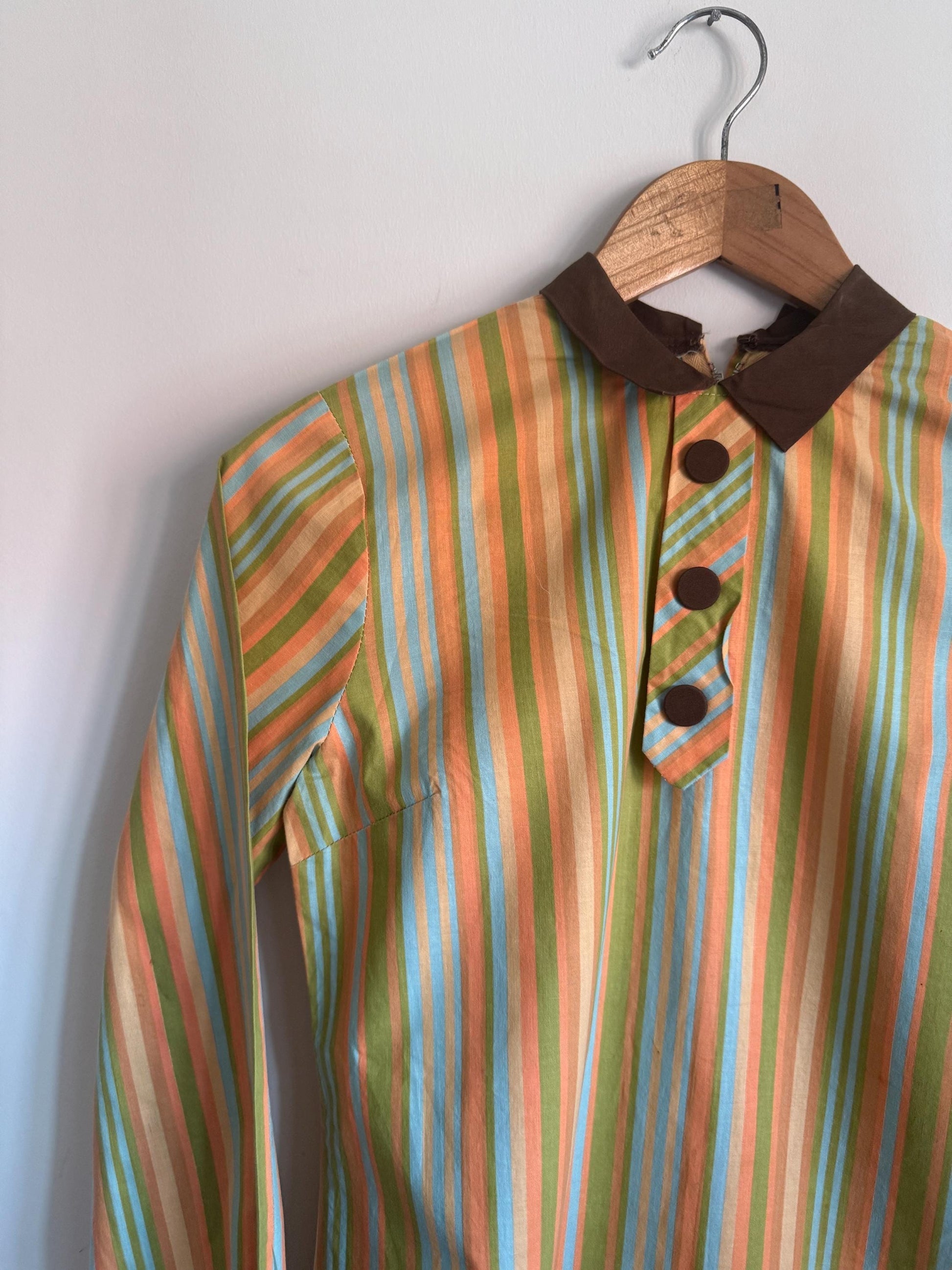 Vintage 1960s Mod Stripe Tunic Dress: Pastel Green, Peach, Blue, Peter Pan Collar