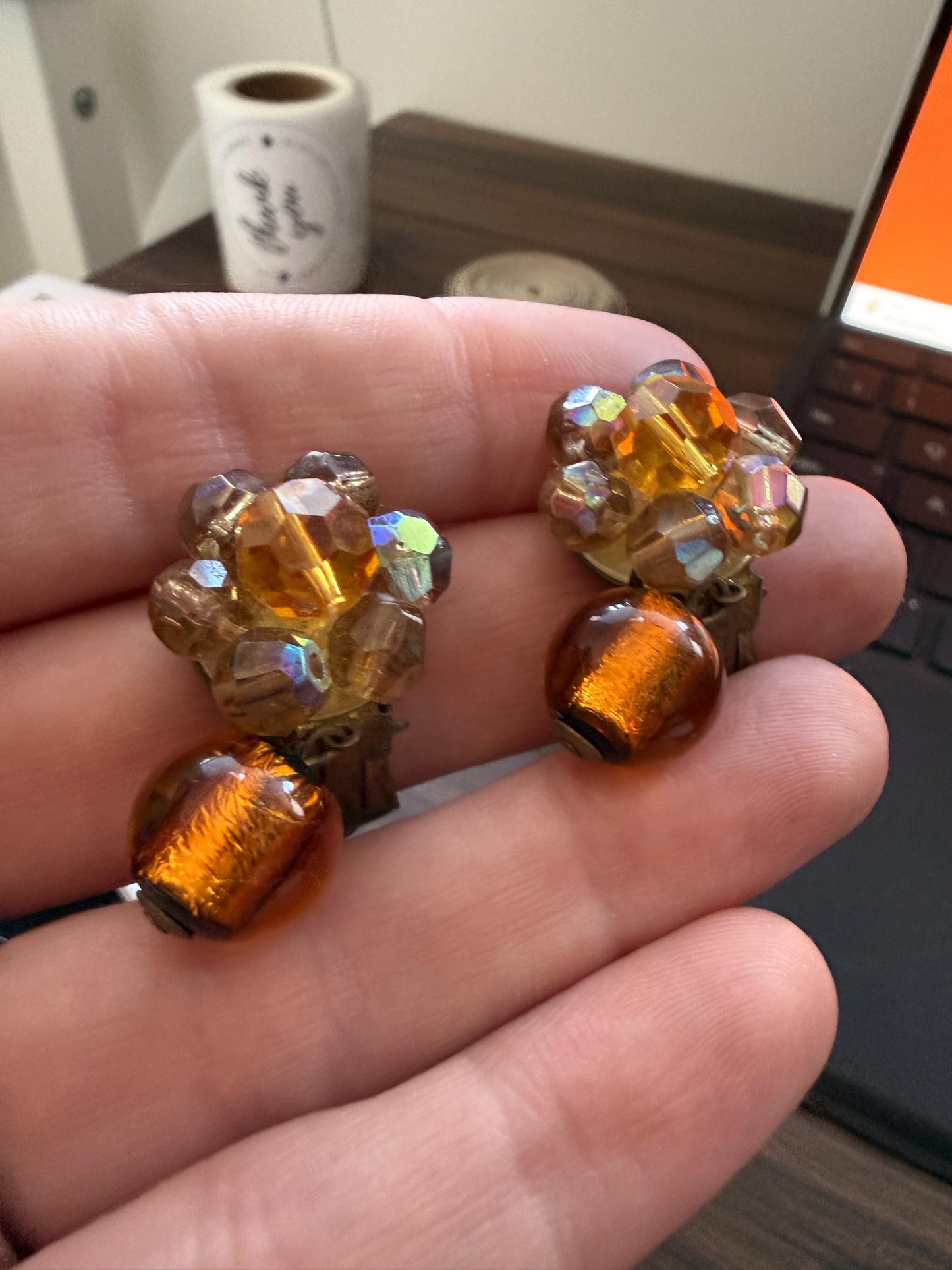 Vintage 1960s West Germany Amber Glass & Aurora Borealis Bead Clip-On Earrings – Dangle Cluster Earrings