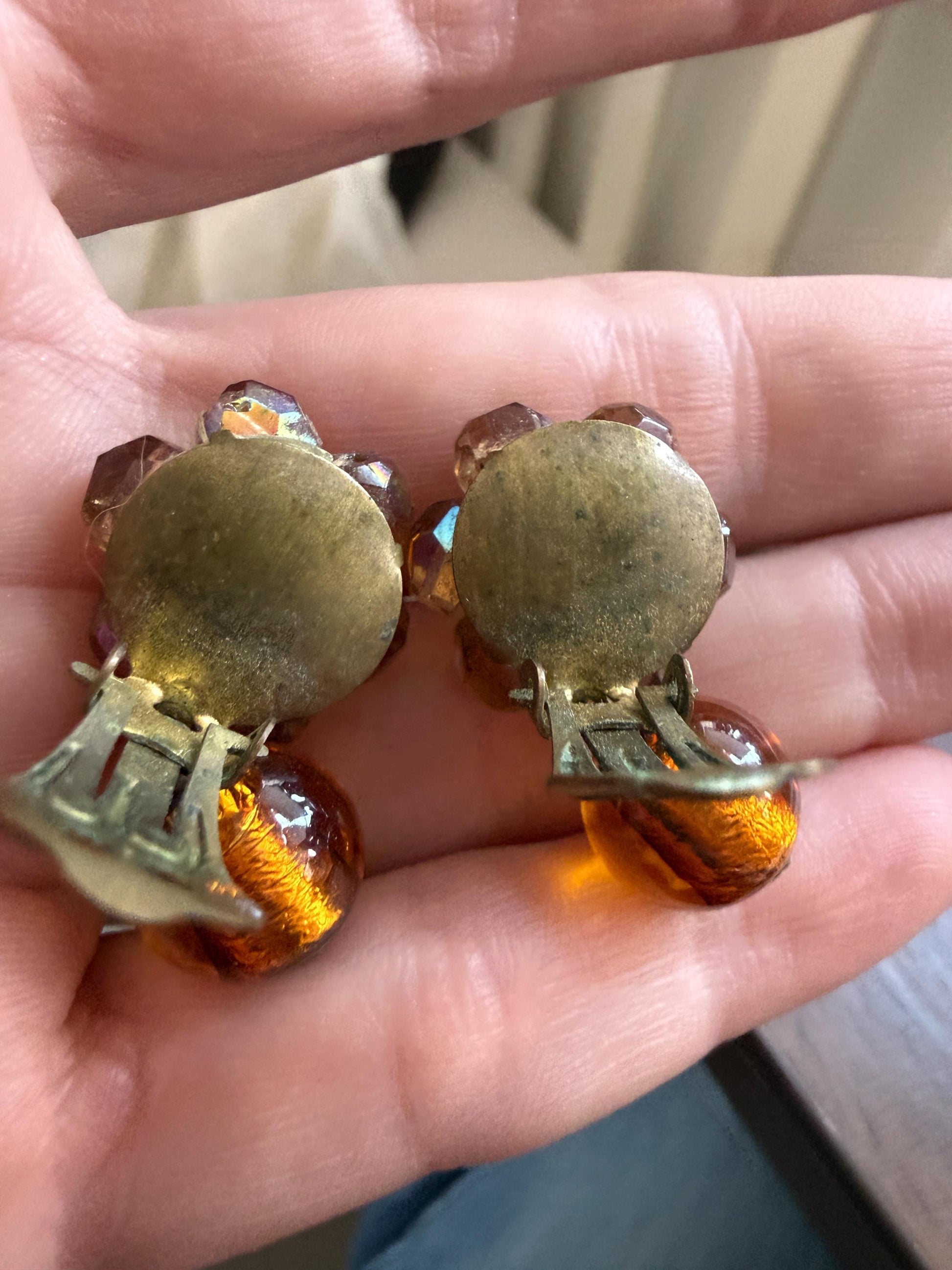 Vintage 1960s West Germany Amber Glass & Aurora Borealis Bead Clip-On Earrings – Dangle Cluster Earrings