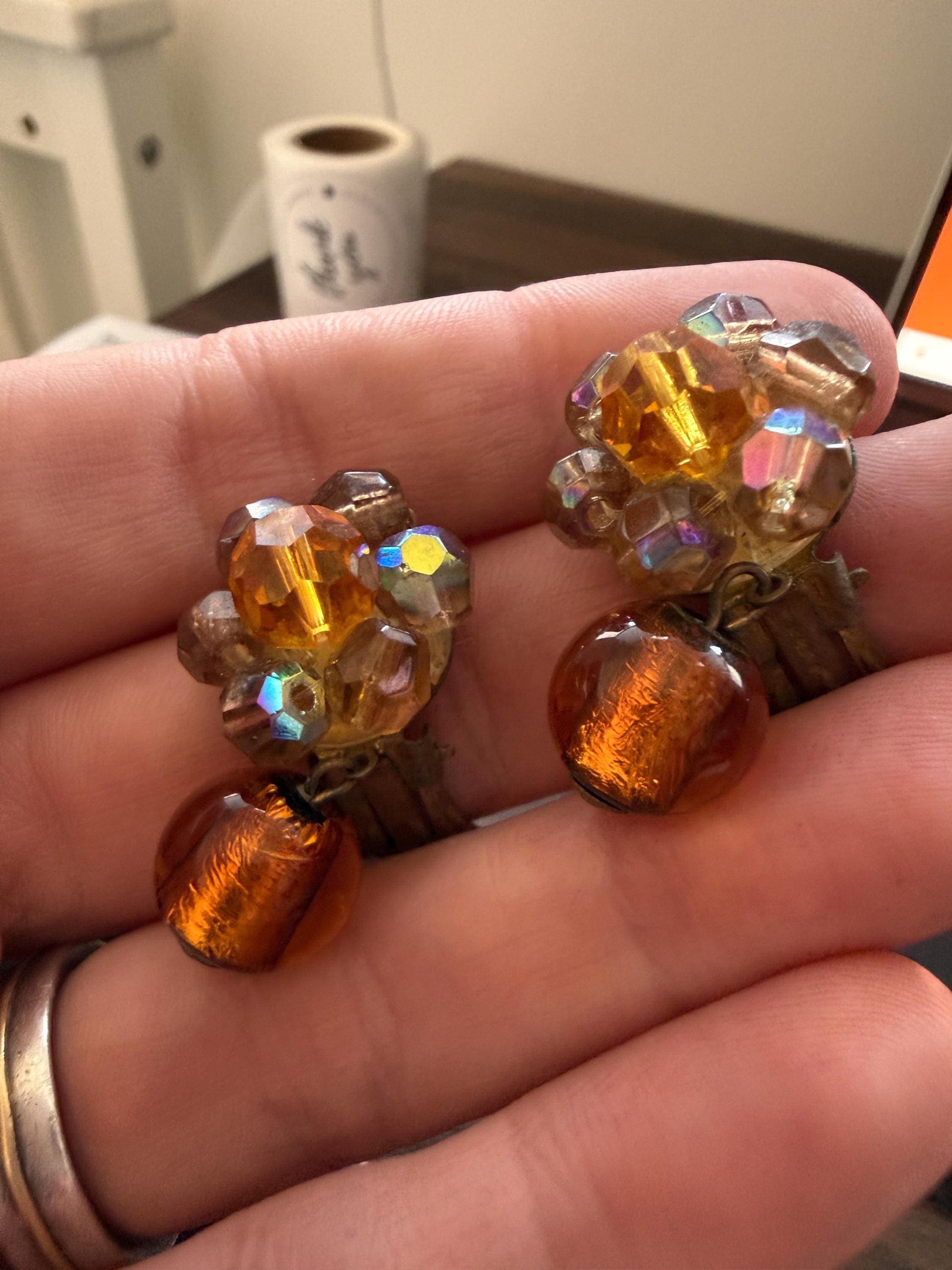 Vintage 1960s West Germany Amber Glass & Aurora Borealis Bead Clip-On Earrings – Dangle Cluster Earrings