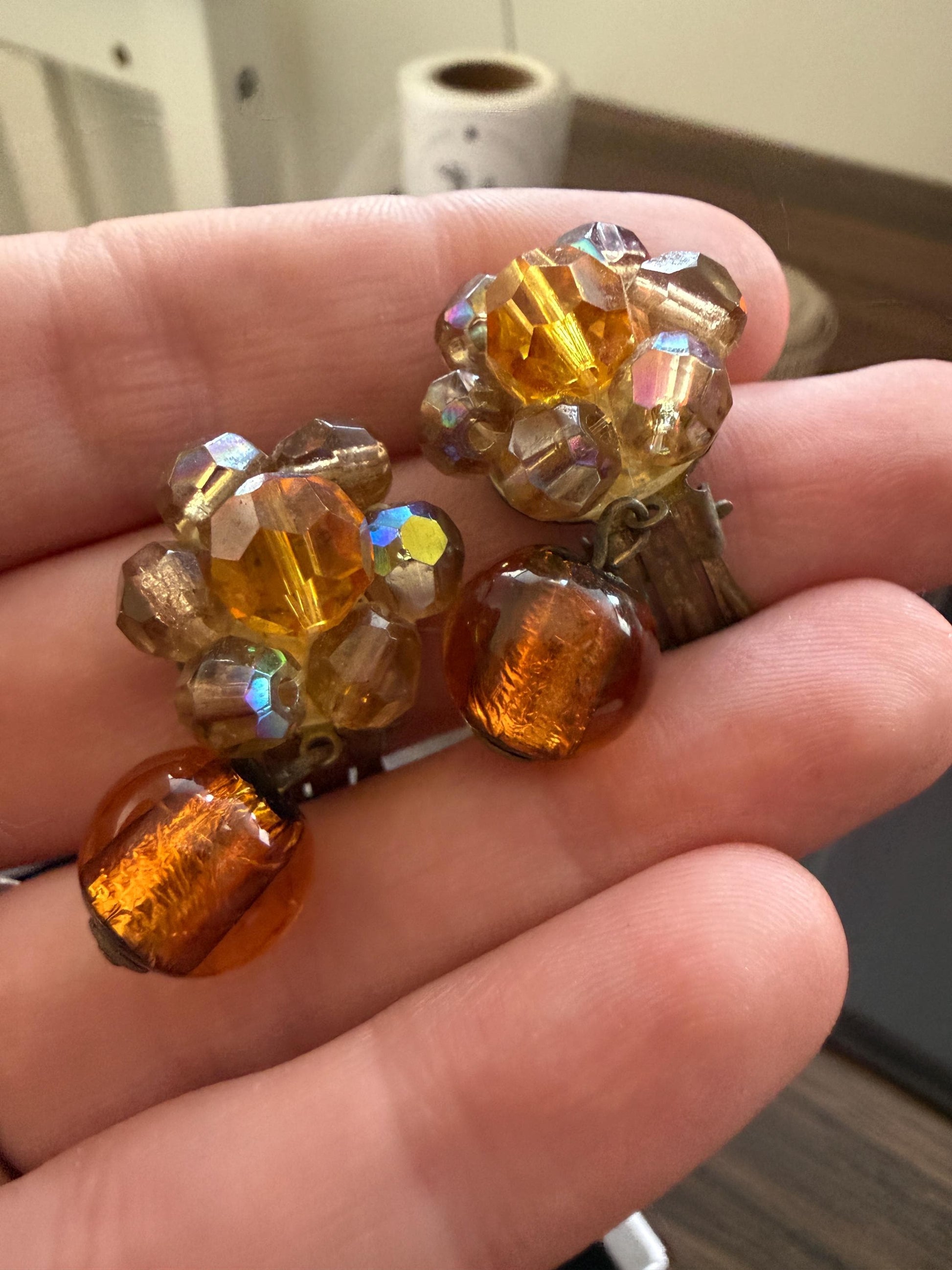 Vintage 1960s West Germany Amber Glass & Aurora Borealis Bead Clip-On Earrings – Dangle Cluster Earrings