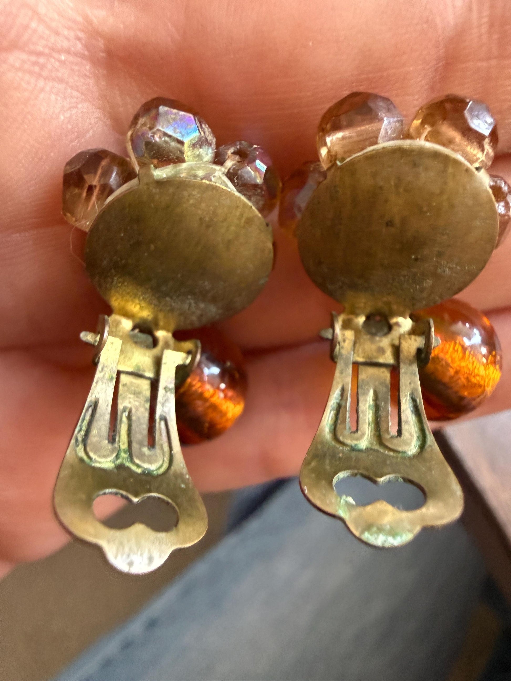 Vintage 1960s West Germany Amber Glass & Aurora Borealis Bead Clip-On Earrings – Dangle Cluster Earrings