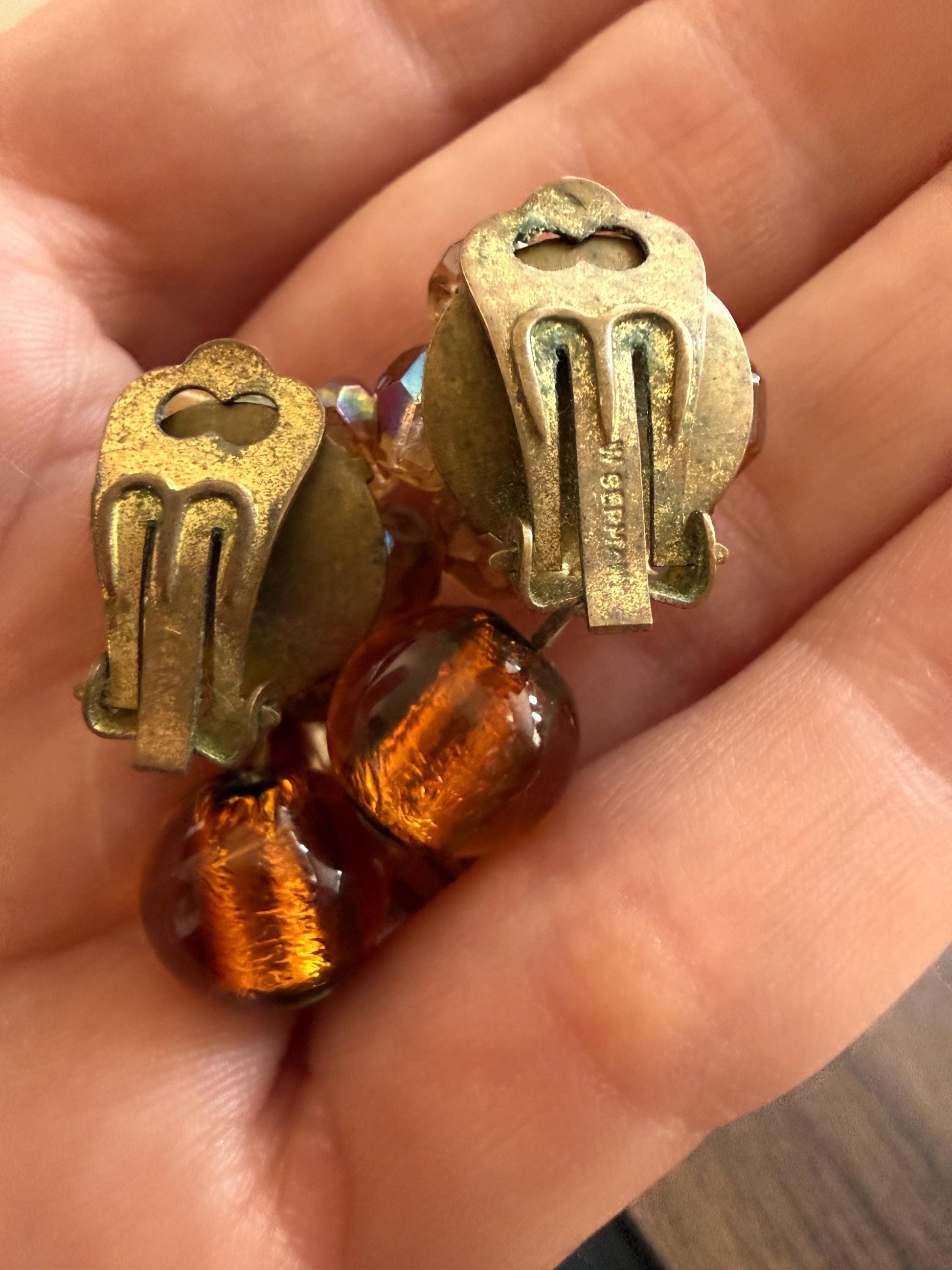 Vintage 1960s West Germany Amber Glass & Aurora Borealis Bead Clip-On Earrings – Dangle Cluster Earrings