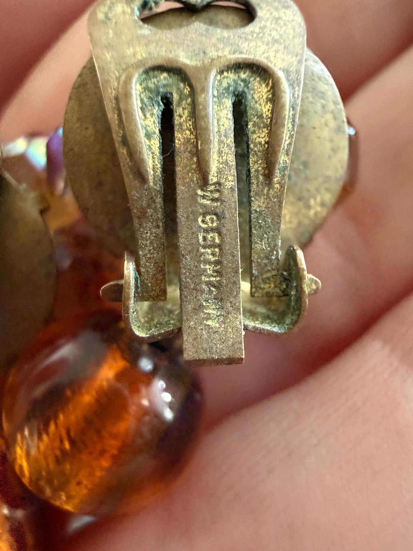 Vintage 1960s West Germany Amber Glass & Aurora Borealis Bead Clip-On Earrings – Dangle Cluster Earrings