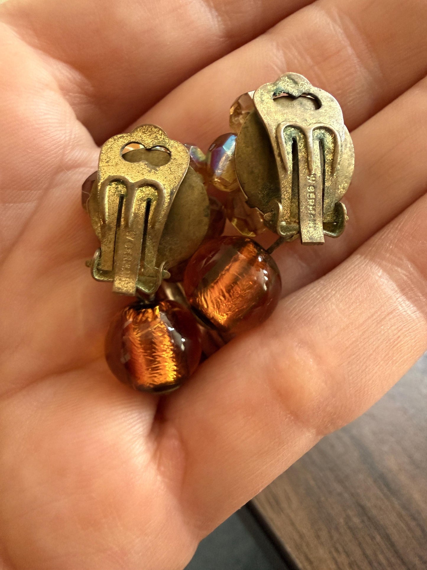 Vintage 1960s West Germany Amber Glass & Aurora Borealis Bead Clip-On Earrings – Dangle Cluster Earrings