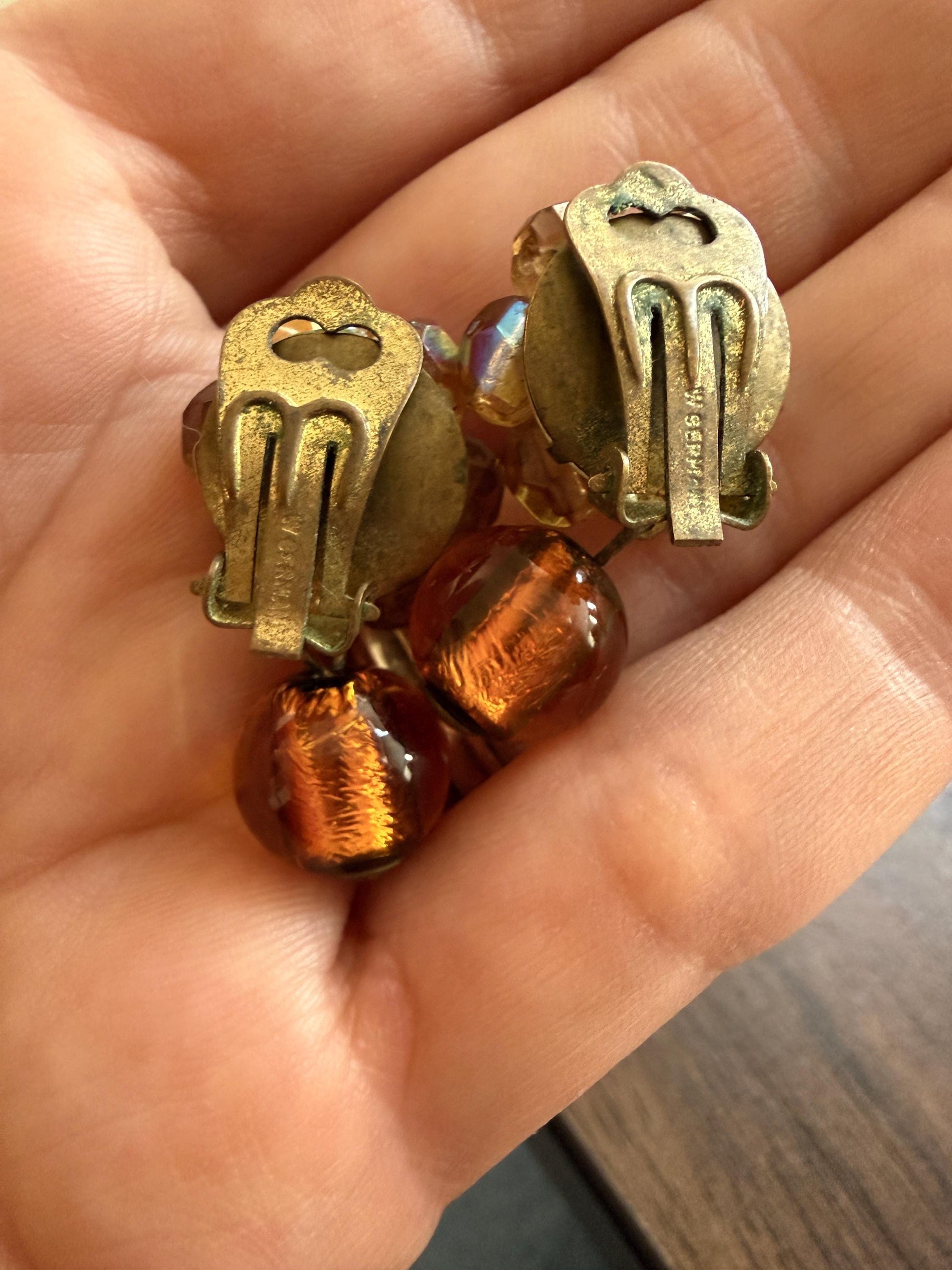 Vintage 1960s West Germany Amber Glass & Aurora Borealis Bead Clip-On Earrings – Dangle Cluster Earrings