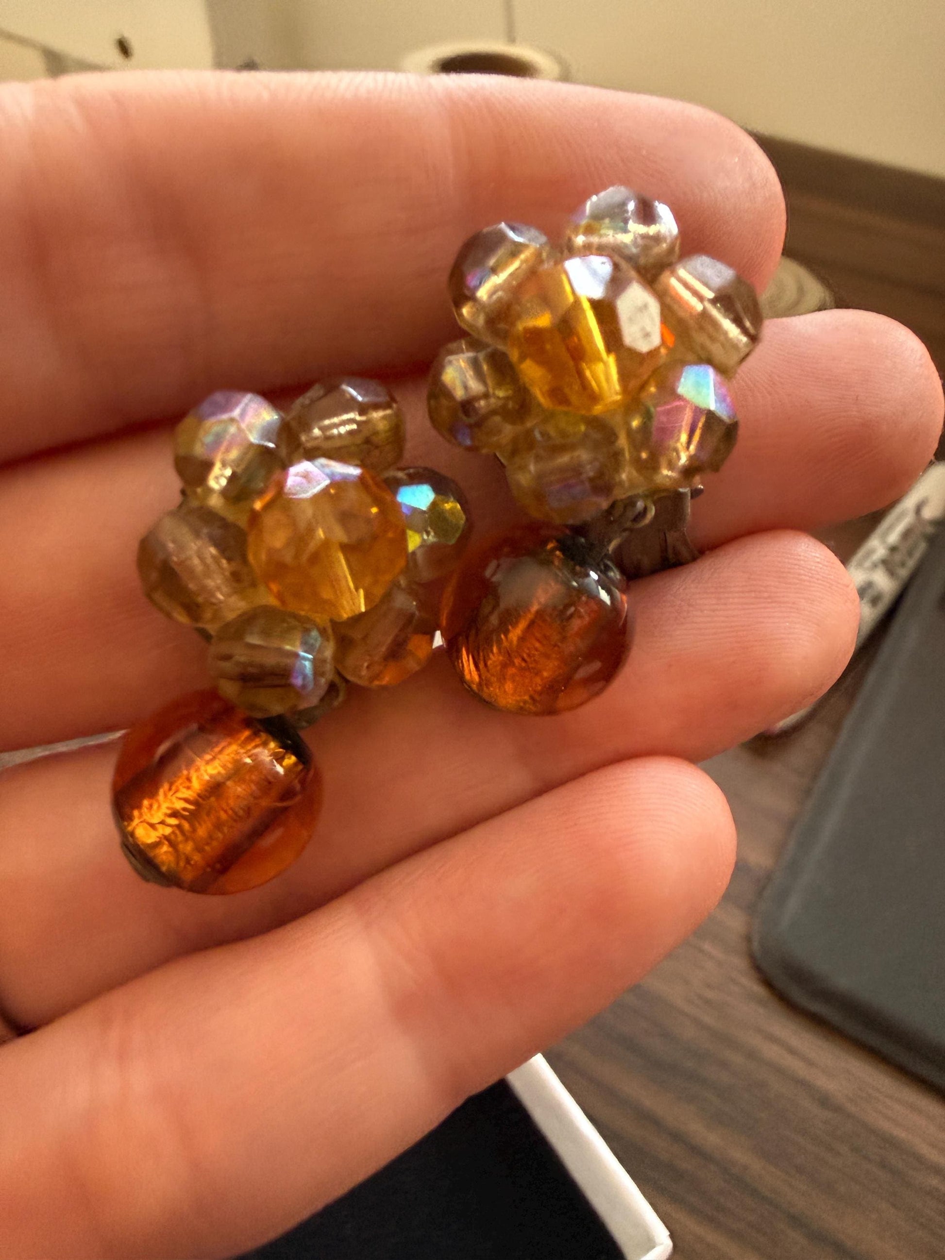 Vintage 1960s West Germany Amber Glass & Aurora Borealis Bead Clip-On Earrings – Dangle Cluster Earrings