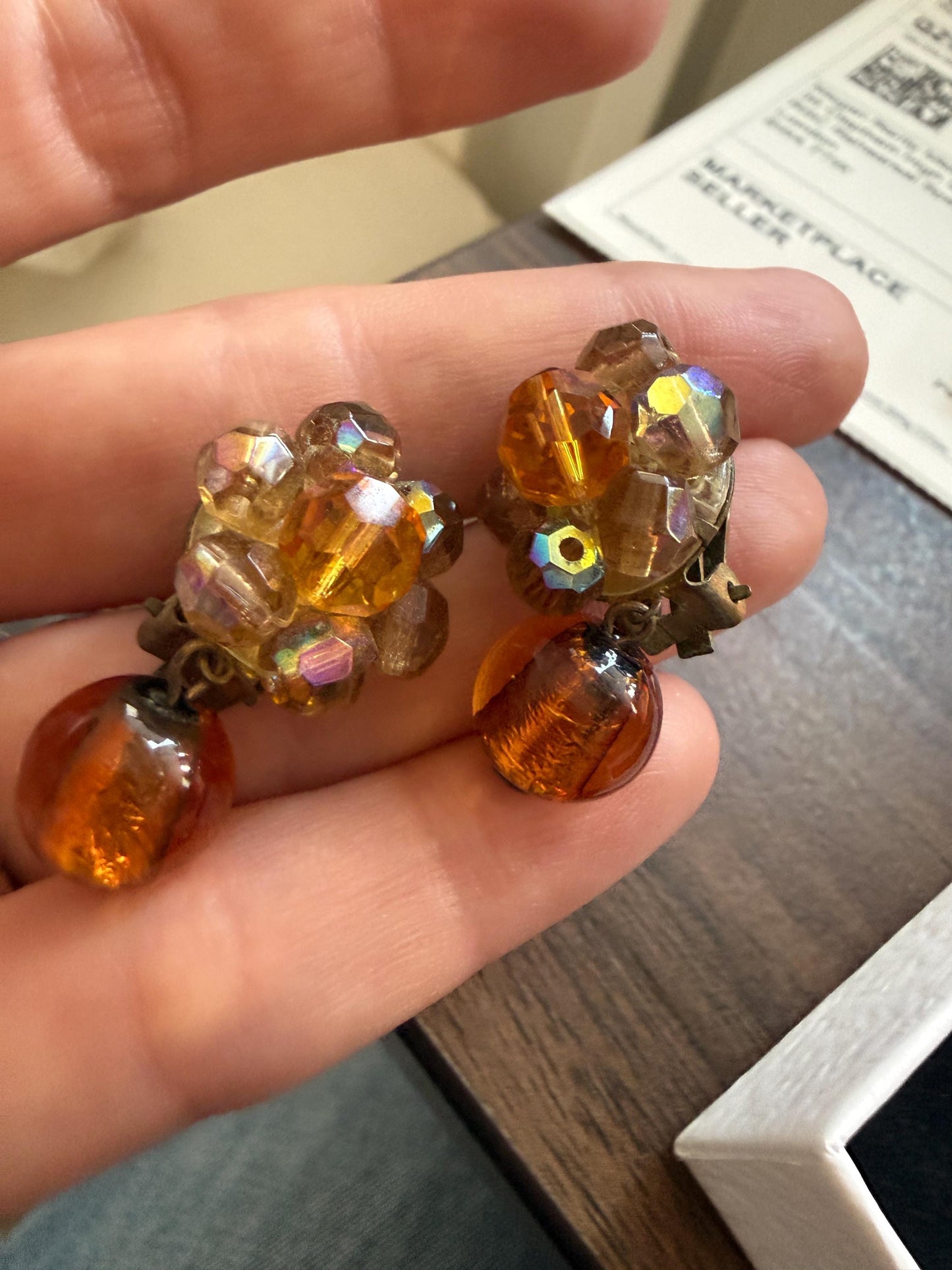 Vintage 1960s West Germany Amber Glass & Aurora Borealis Bead Clip-On Earrings – Dangle Cluster Earrings
