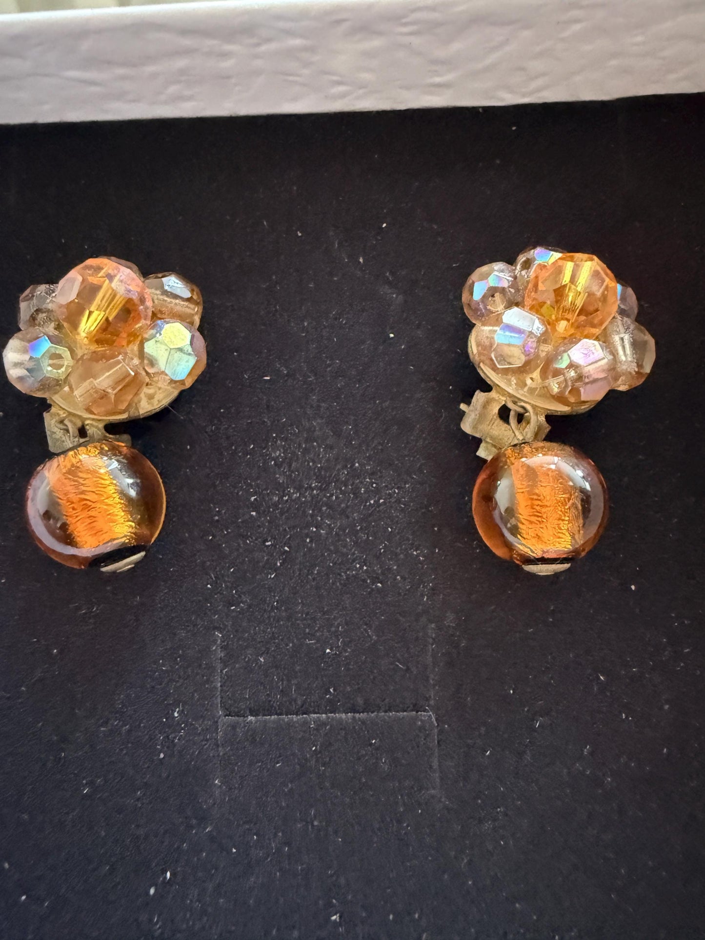 Vintage 1960s West Germany Amber Glass & Aurora Borealis Bead Clip-On Earrings – Dangle Cluster Earrings