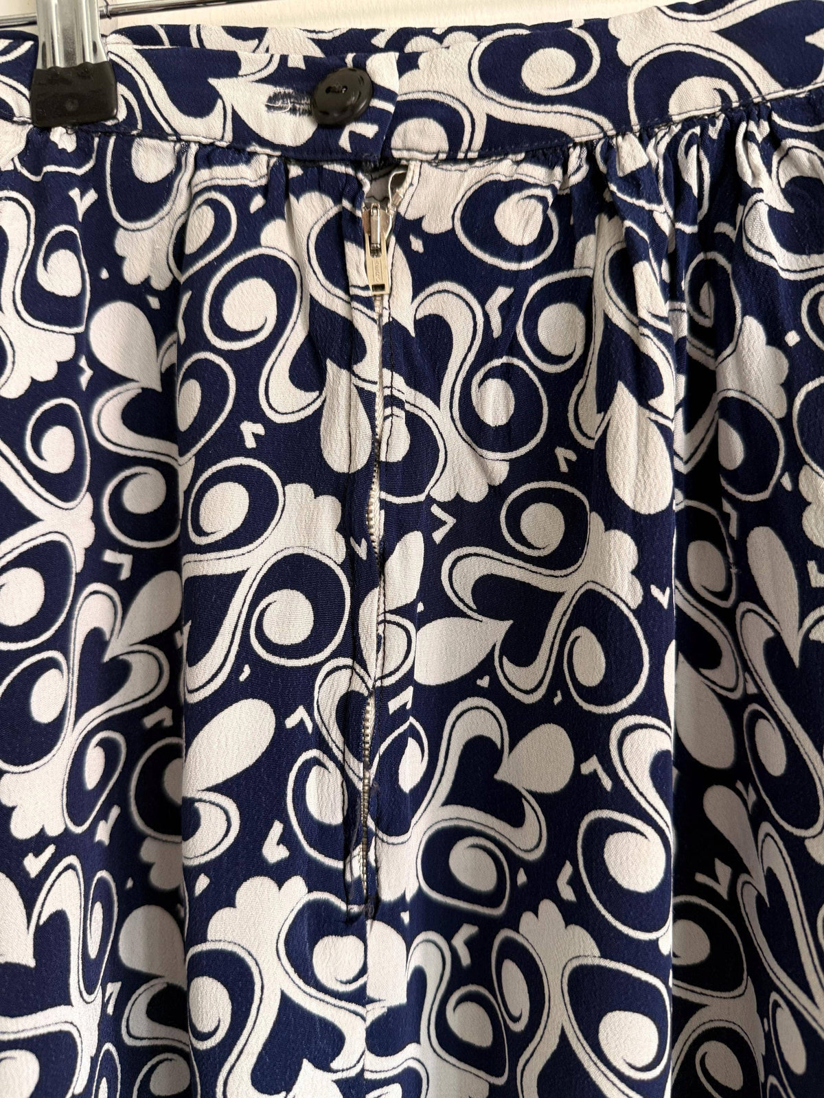 Vintage 1970s Blue & White Patterned Midi Skirt | Retro Graphic Print | High Waist A Line Skirt | Mod Boho | UK 10-12