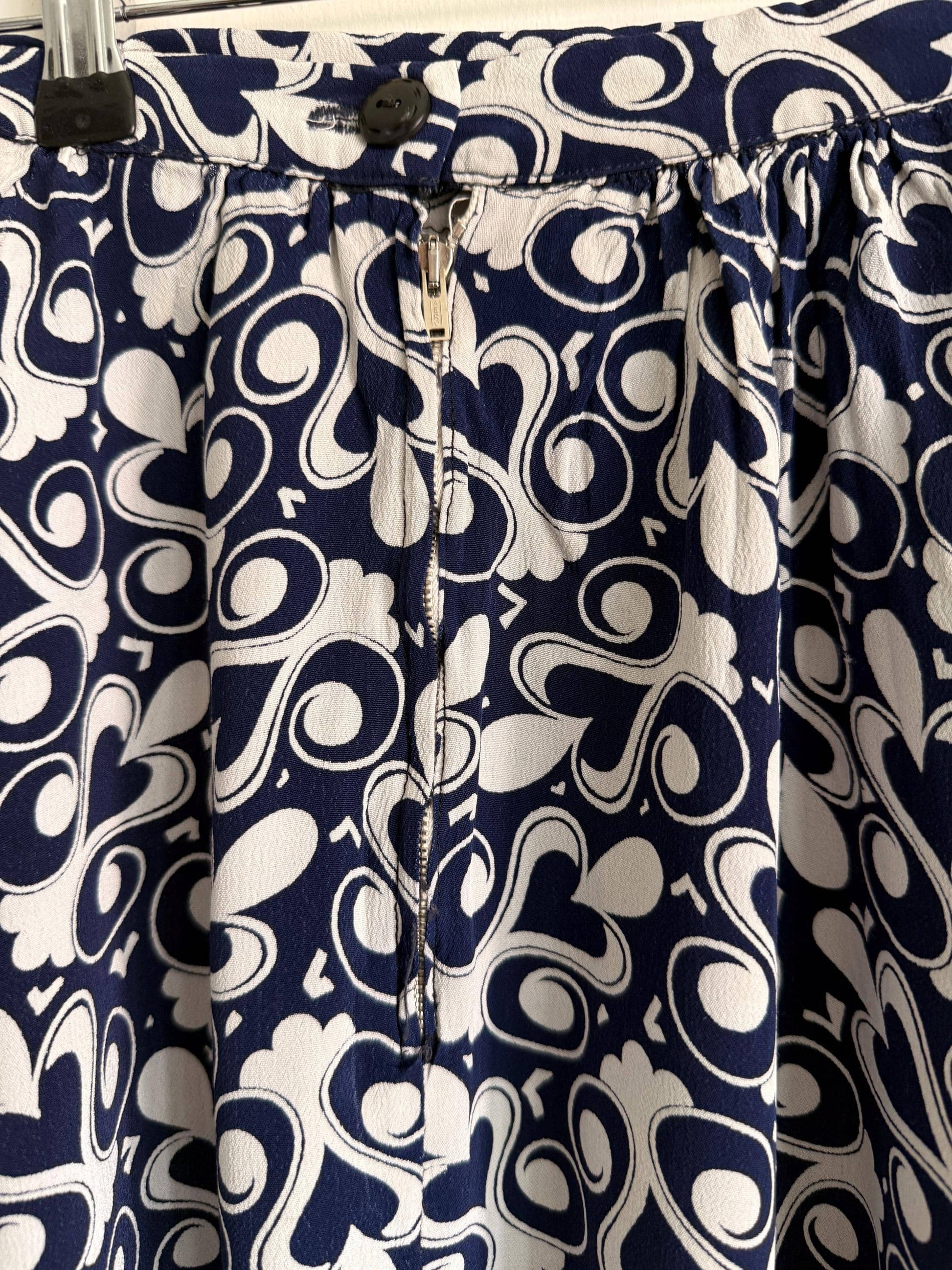 Vintage 1970s Blue & White Patterned Midi Skirt | Retro Graphic Print | High Waist A Line Skirt | Mod Boho | UK 10-12