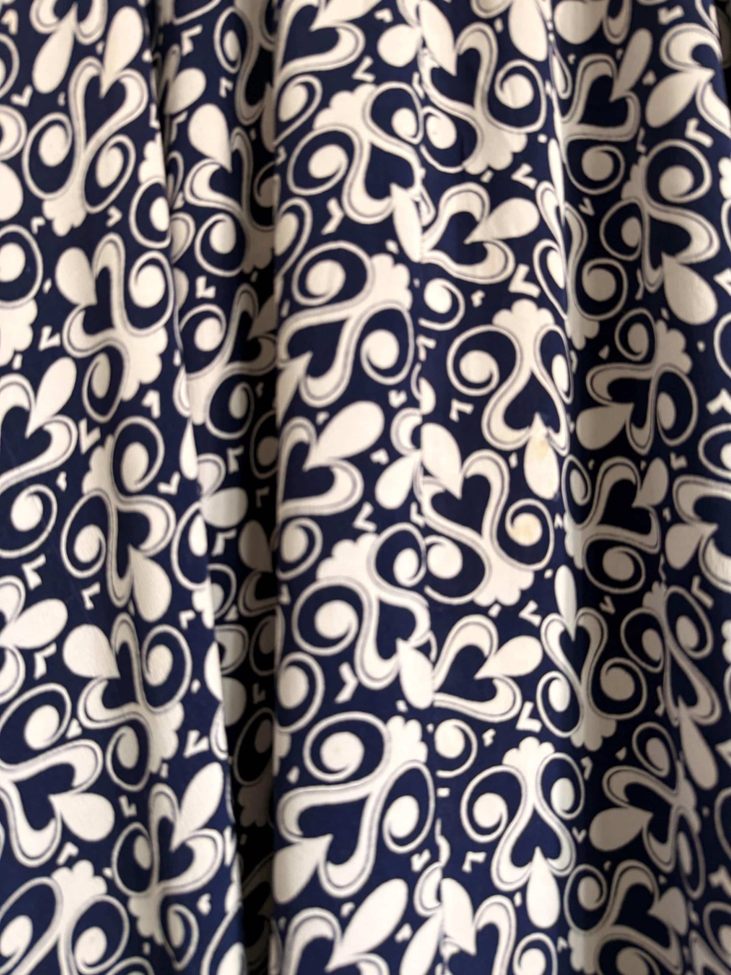 Vintage 1970s Blue & White Patterned Midi Skirt | Retro Graphic Print | High Waist A Line Skirt | Mod Boho | UK 10-12