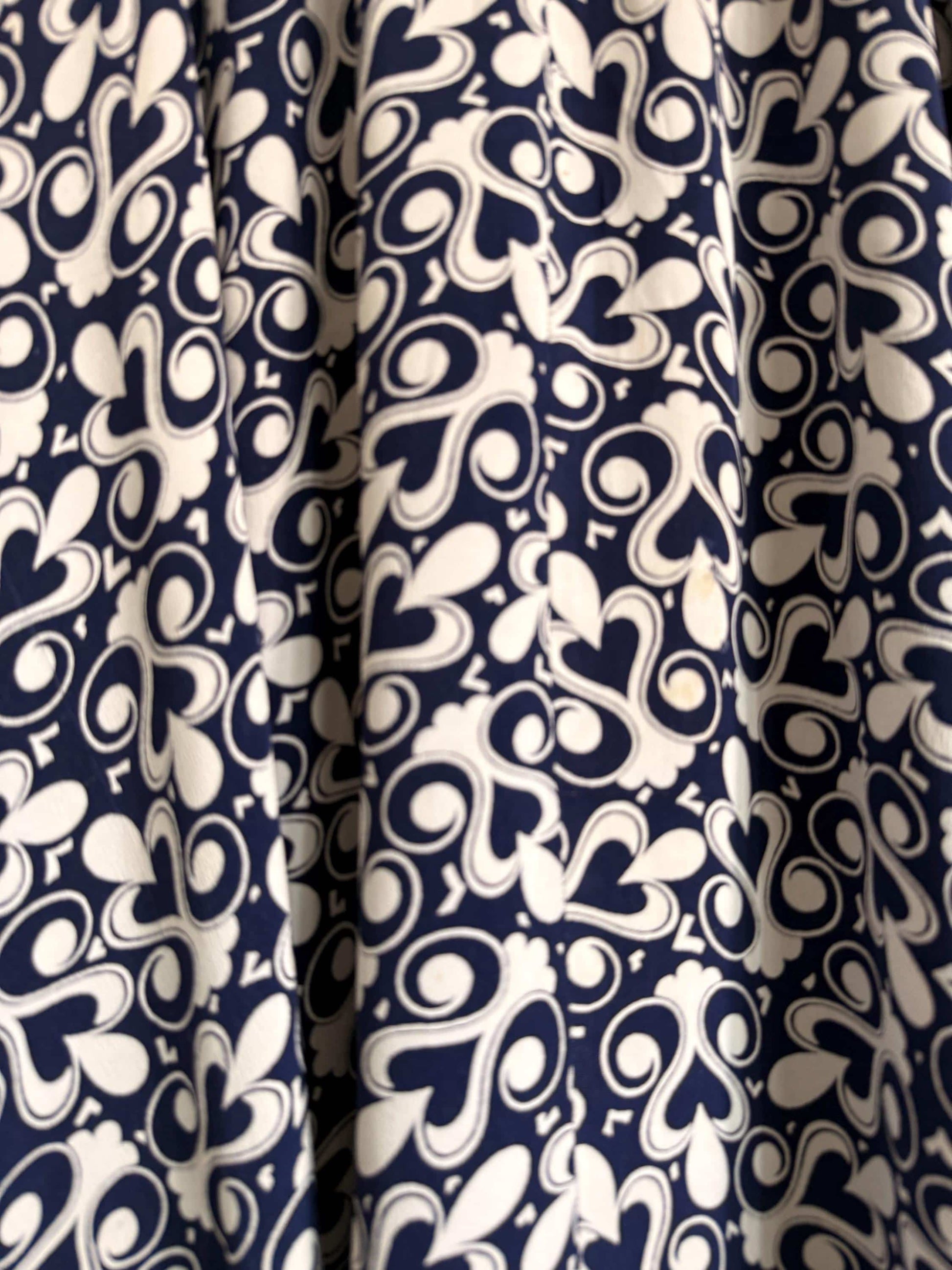 Vintage 1970s Blue & White Patterned Midi Skirt | Retro Graphic Print | High Waist A Line Skirt | Mod Boho | UK 10-12