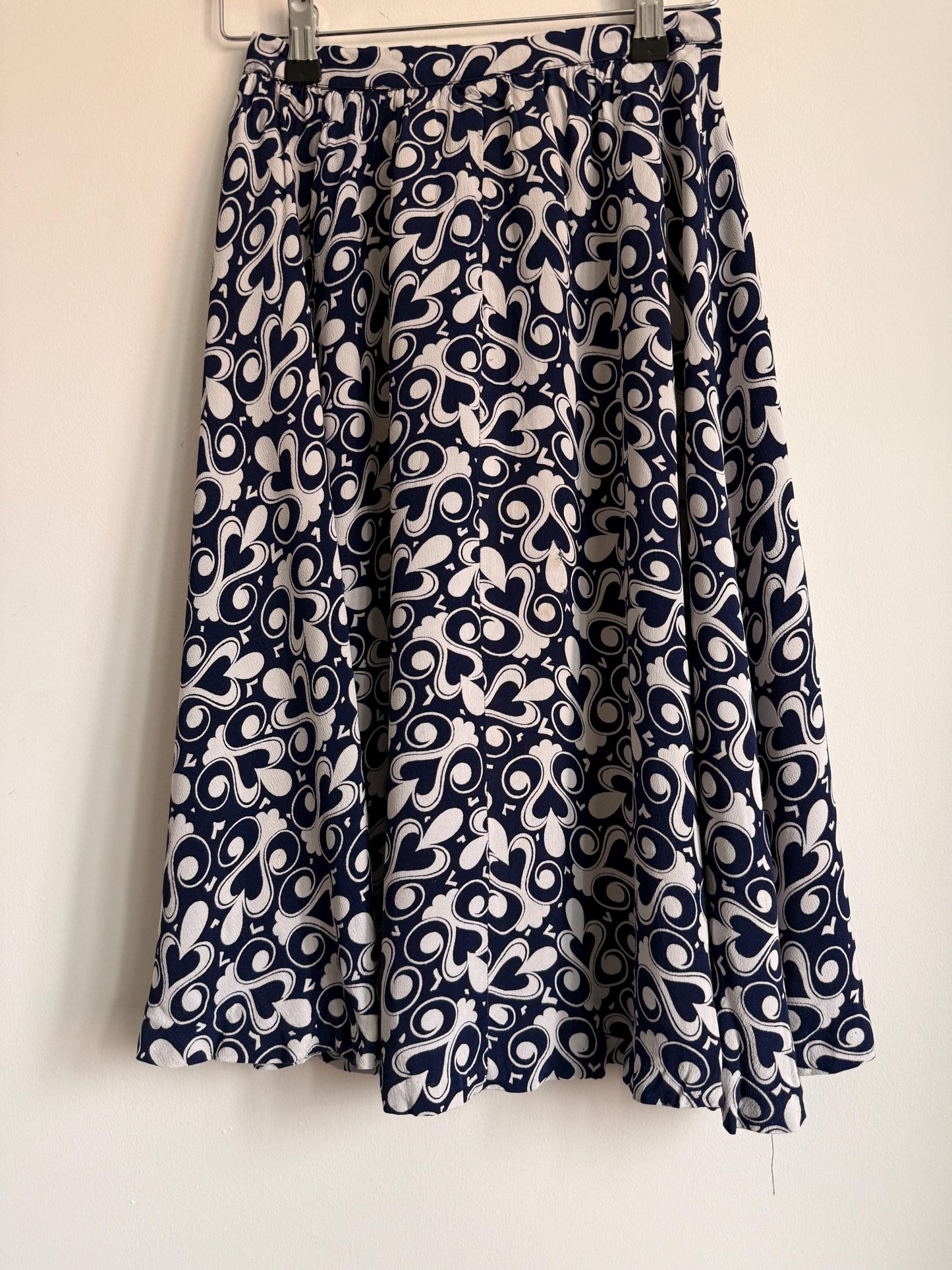 Vintage 1970s Blue & White Patterned Midi Skirt | Retro Graphic Print | High Waist A Line Skirt | Mod Boho | UK 10-12