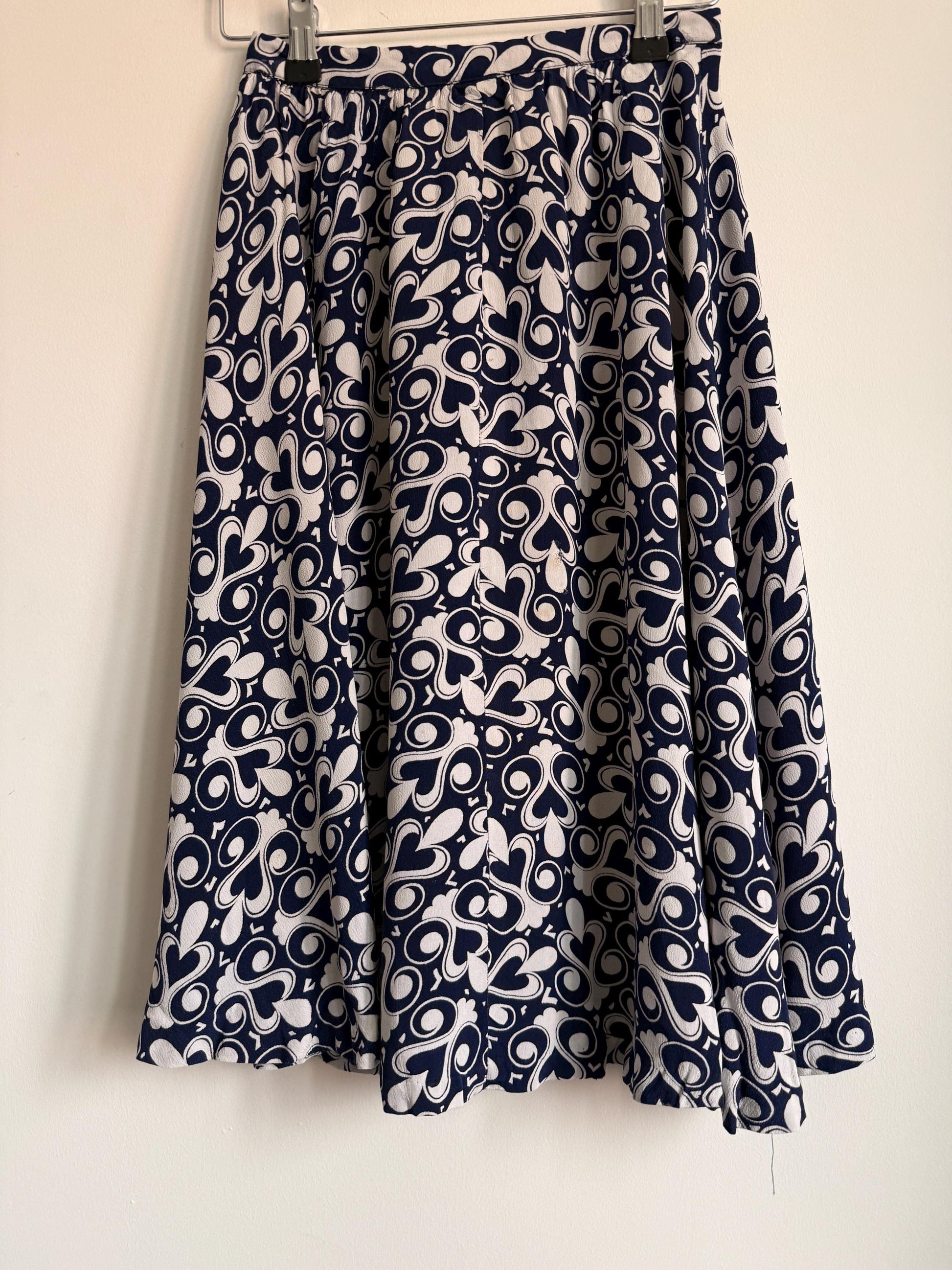 Vintage 1970s Blue & White Patterned Midi Skirt | Retro Graphic Print | High Waist A Line Skirt | Mod Boho | UK 10-12