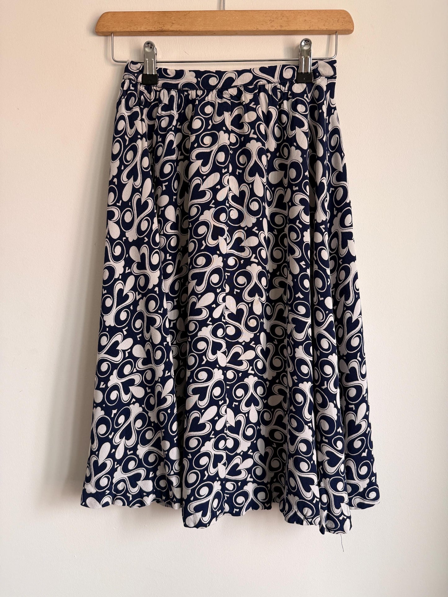 Vintage 1970s Blue & White Patterned Midi Skirt | Retro Graphic Print | High Waist A Line Skirt | Mod Boho | UK 10-12